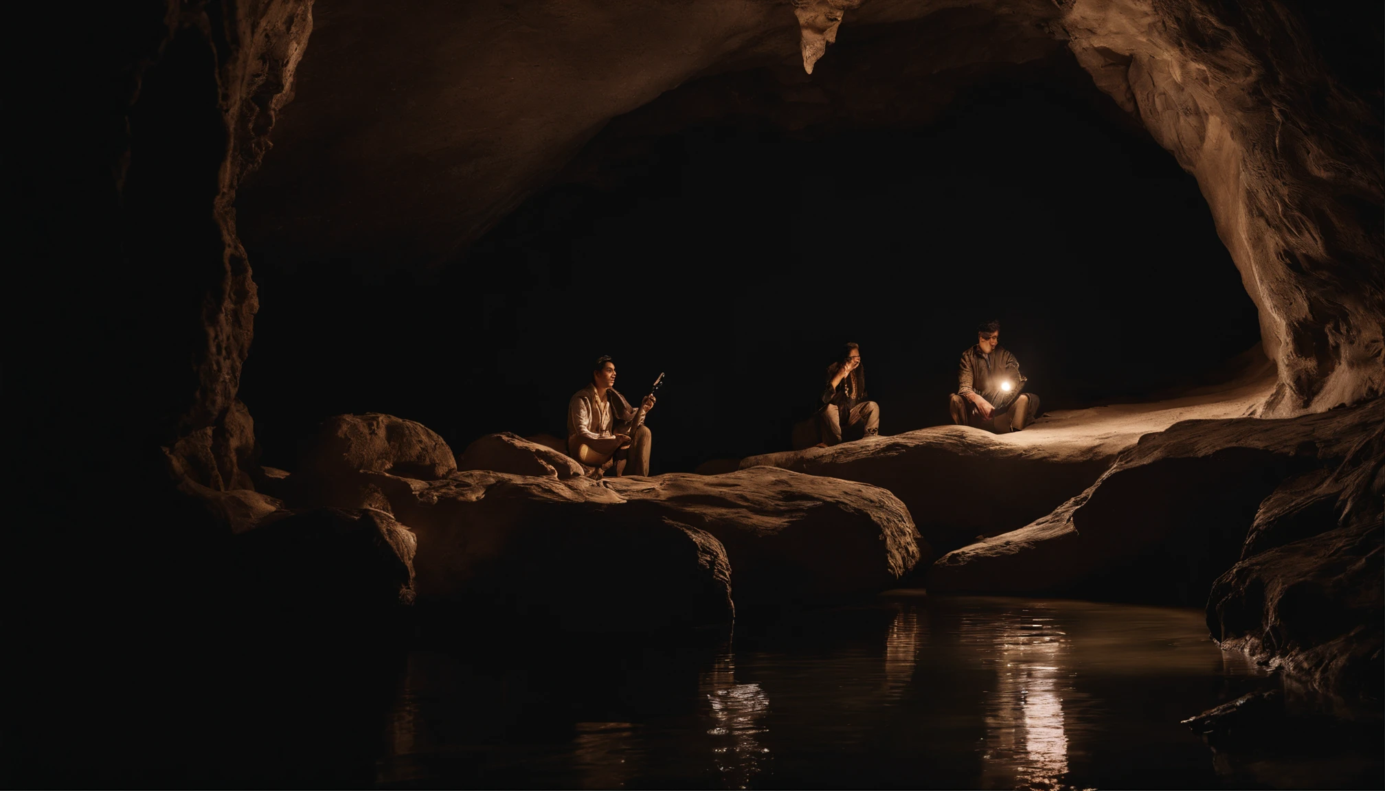 high-definition details,perfect work,dark backgrounds,tmasterpiece,premier quality,best qualtiy,offcial art,美丽和审美:1.2),8K,best qualtiy,tmasterpiece:1.2, stalactite round, dark and watery cave, stalactite cave, lake cave, complex cave, dark cave lake, stalactite cave, High Angle, matte, murky, natta, cave exploration, people exploring caves, 5 people,
