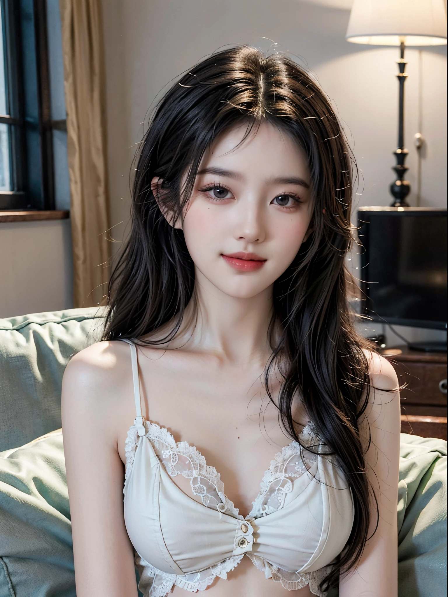 short,camisole,fashi-girl, liuyifei,tmasterpiece,Best quality at best,offcial art,extremely detaild的 CG unified 8k wallpapers, (HighDynamicRange:1.4), (Cinematic), (pastel colour, dull colors, Soothing tone:1.3), (Natural skin texture, Hyper-realism, softlighting, Sharp),(The is very detailed), profesional lighting, Radio City,((1个Giant Breast Girl，20yr old)), inside bedroom， cold light，Best quality at best, A lot of detail, tmasterpiece, ultra - detailed, illustratio, Extremely delicate and beautiful girl, 美丽细致的眼睛,8K_Wallpapers,Beautiful Meticulous Girl, looking at viewert, messy  hair, Large breasts, ((focus on chest)),Recline on the sofa，ssmile，Sweet smile