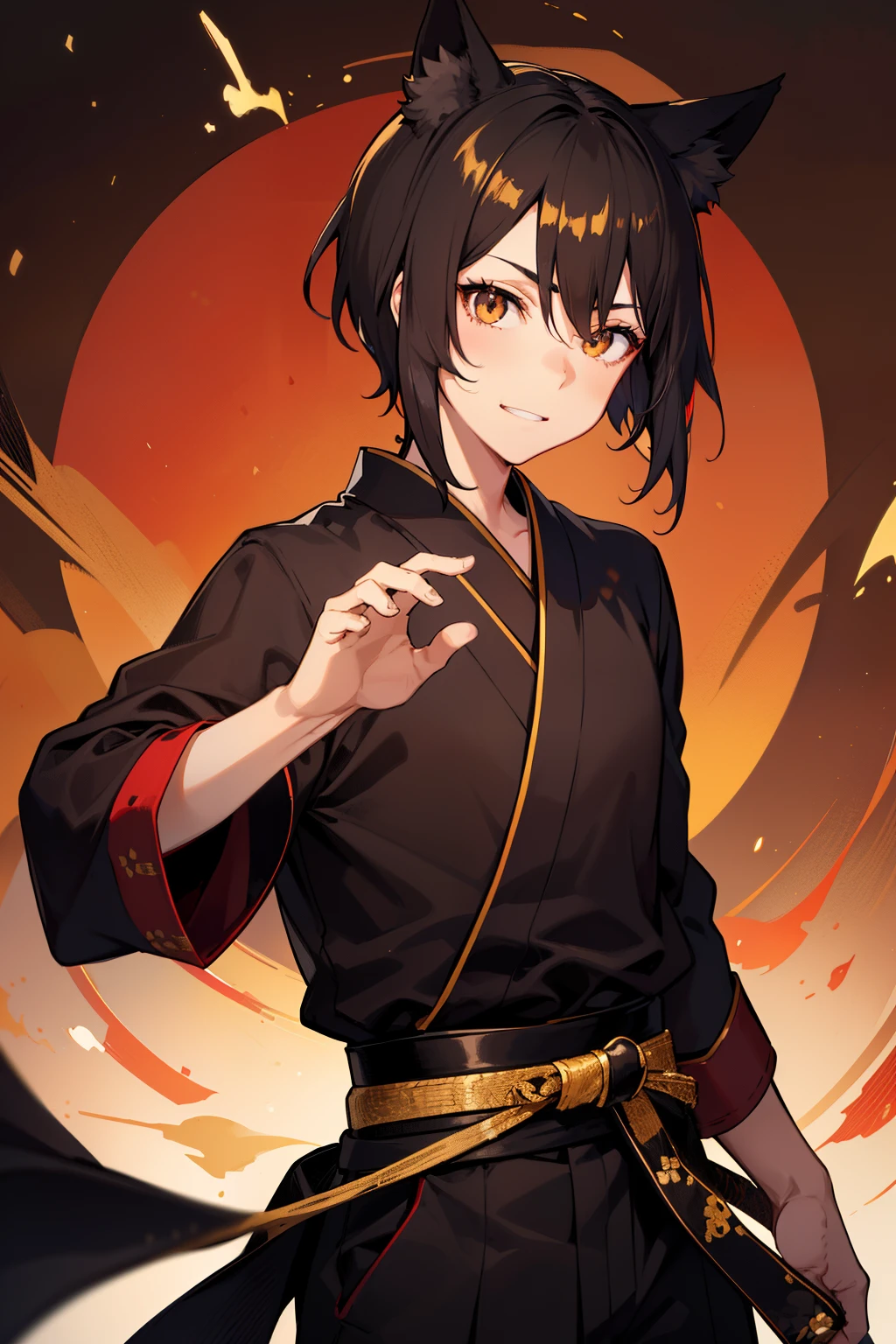 (high-quality, breathtaking),(expressive eyes, perfect face), 1boy, male, solo, young adult, black hair , gold coloured eyes, gentle smile, short hair, loose hair, hair between eyes, japanese clothing, black shirt with a red trim, black pants, brown belt, black fox ears on top of his head