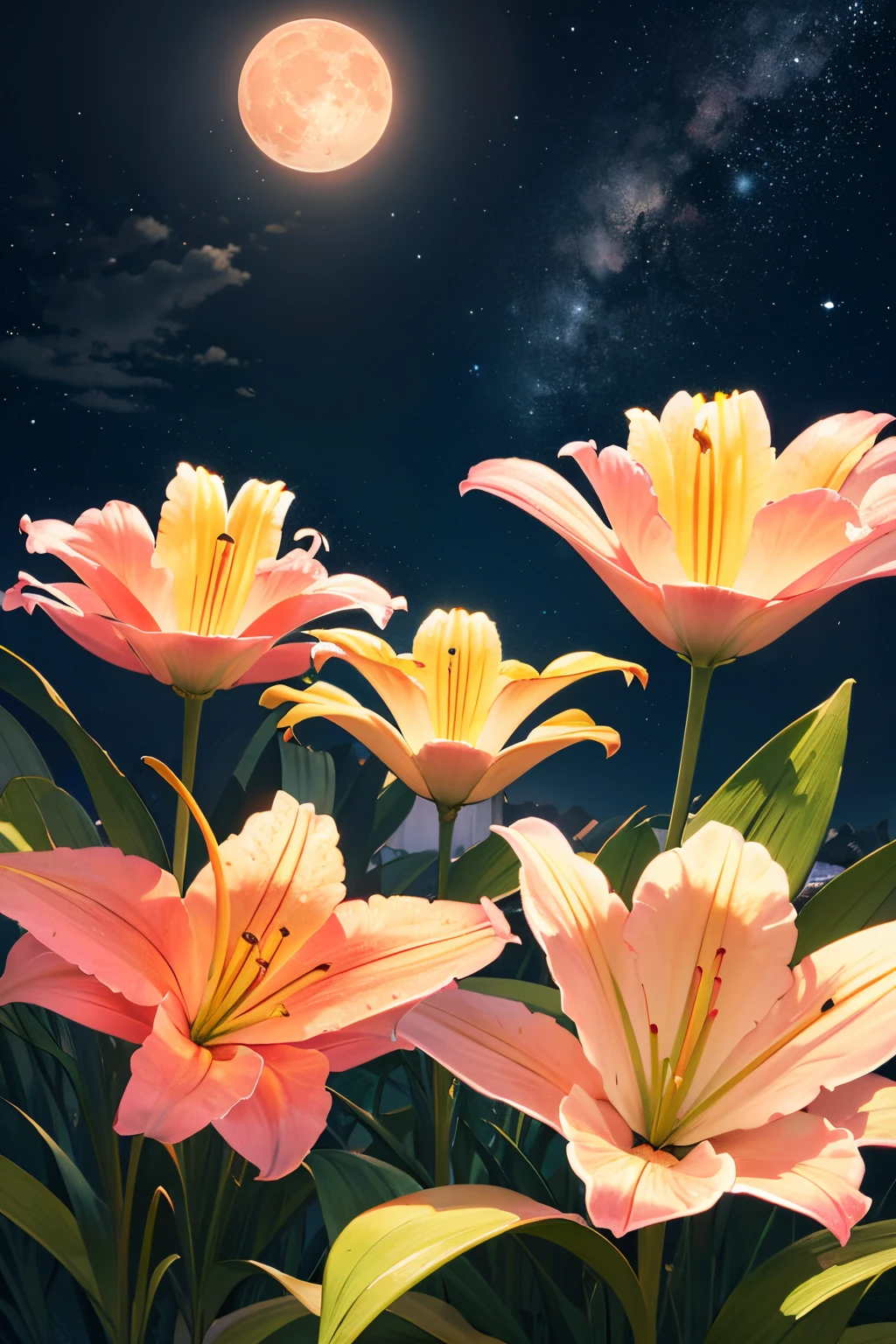 ultra-quality, postcard, orange, pink and white lily, night view of a background, Big Moon, Stars