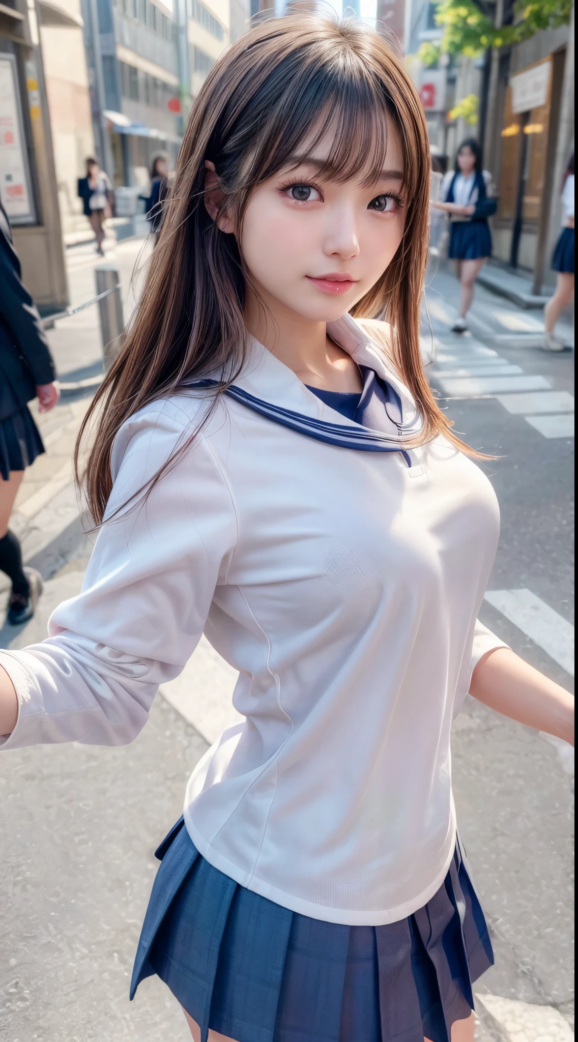 (8k, RAW photo, best quality, masterpiece:1.2), (realistic, photo-realistic:1.4), (extremely detailed 8k wallpaper), sharp focus, depth of field, bocinematic lighting, soft light, detailed beauty eyes,shiny smooth light brown long bob hair, asymmetrical bangs, shiny skin, super detailed skin ,high resolution, high detailing, detailed hairstyle, detailed beauty face, hyper realistic, perfect limbs, perfect anatomy ,1 japanese girl,famous Japanese idol, perfect female body, large breasts,smile,short eyelashes,double-edged eyelid,long bob hair, (school uniform : 1.3), looking at viewer, (Crowded city streets:1.3),cowboy shot