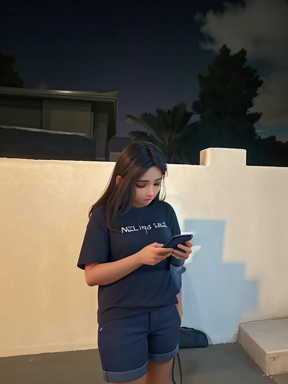 there is a woman standing on a balcony using a cell phone, checking her phone, checking her cell phone, she is holding a smartphone, (((low light))), goddess checking her phone, during dawn, during sunset, during night, very accurate photo, photo taken at night, very very low quality picture, background image, random artist, taken in the night she is wearing blach t shirt and navy blue short