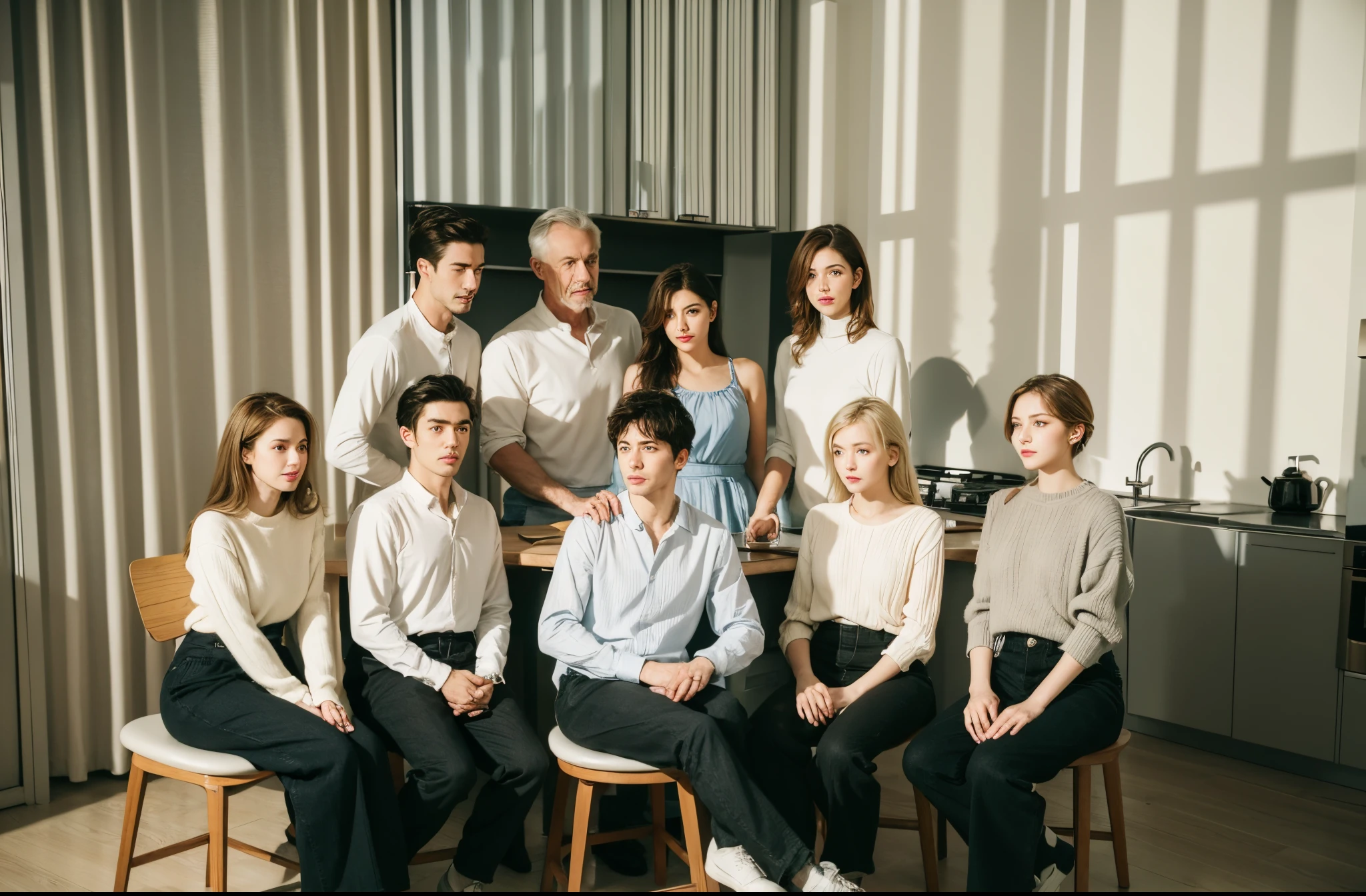 Six Americans sitting on stools, four english men standing, boys and girls, in the kitchen at home, The warm, indoor, actual, realisticlying, realisticlying, facial clarity, s delicate face, front angle, k hd, 8K, HD aesthetics, Immersive details, Exquisite, Exquisite, 4K