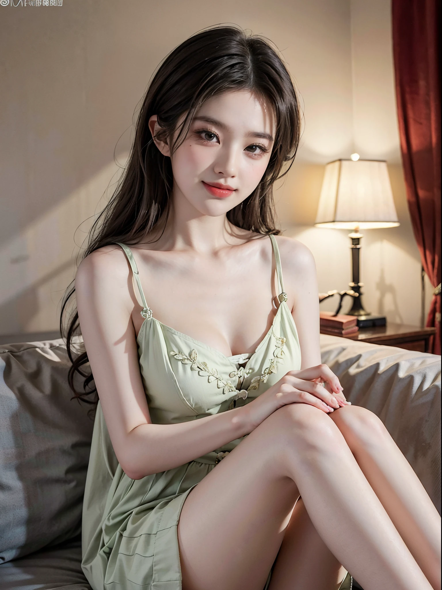 Sweet girl clothes9,yellow dress, liuyifei, (knee shot), (from below),tmasterpiece,Best quality at best,offcial art,extremely detaild的 CG unified 8k wallpapers, (HighDynamicRange:1.4), (Cinematic), (pastel colour, dull colors, Soothing tone:1.3), (Natural skin texture, Hyper-realism, softlighting, Sharp),(The is very detailed), profesional lighting, Radio City,((1个Giant Breast Girl,20yr old)), inside bedroom, cold light,Best quality at best, A lot of detail, tmasterpiece, ultra - detailed, illustratio, Extremely delicate and beautiful girl, 美丽细致的眼睛,8K_Wallpapers,Beautiful Meticulous Girl, looking at viewert, messy hair, Large breasts ,Recline on the sofa,ssmile,Sweet smile