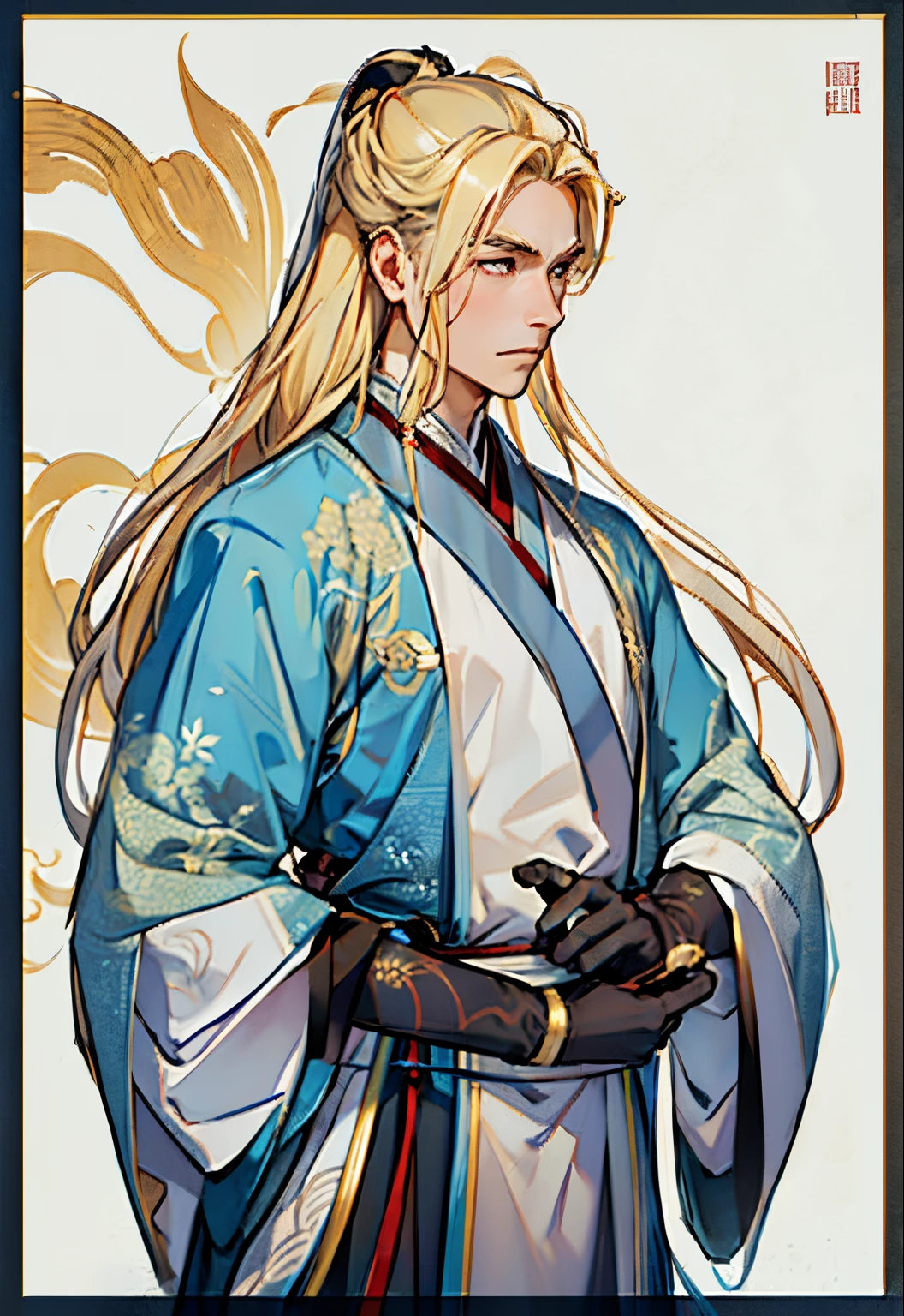 handsome young man, long blonde hair, serious expression, smart, LONG black gloves,blue and white male hanfu, ancient china, flat background, chinese background, simple background, masterpiece,masterpiece,best quality