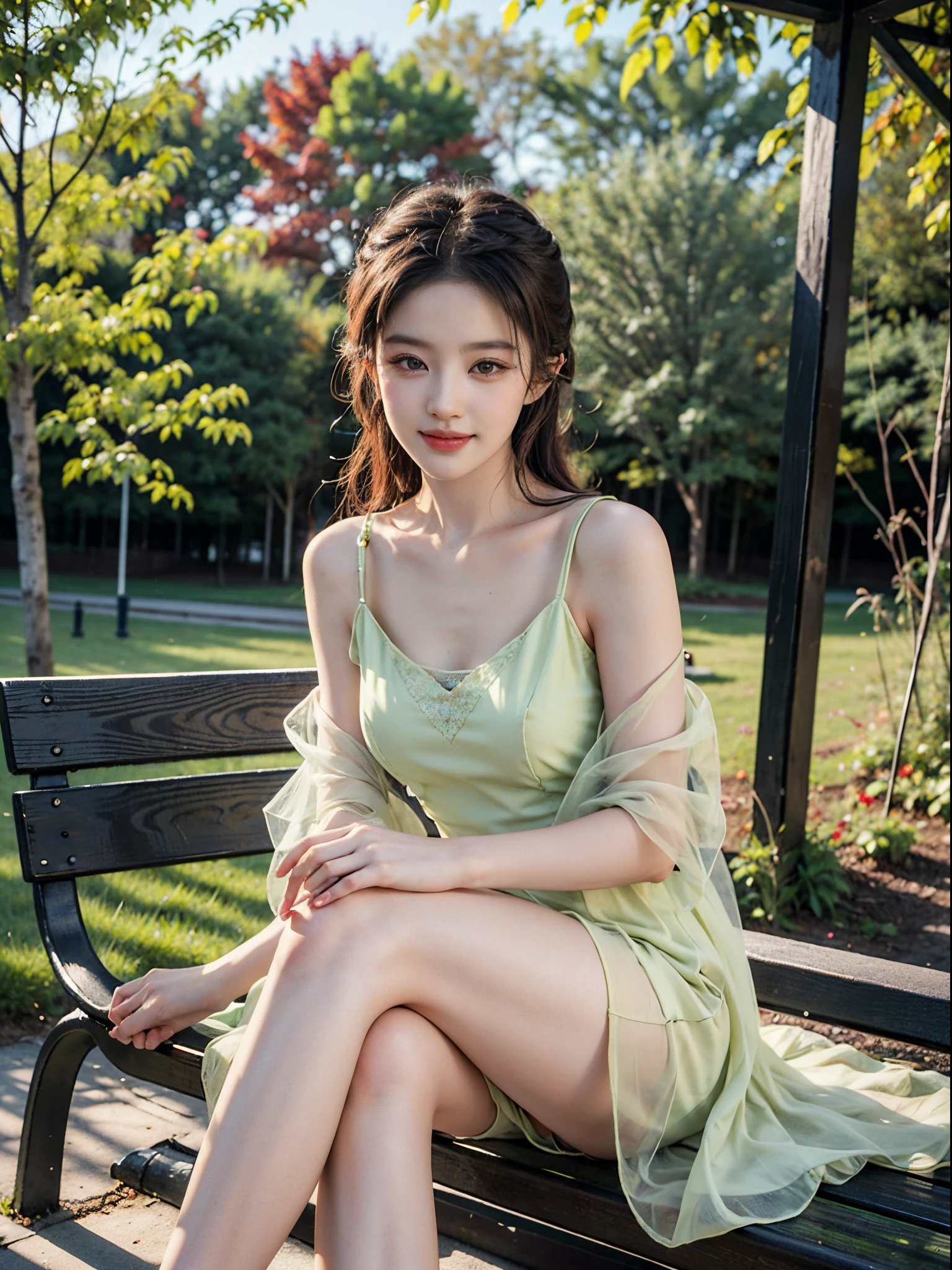 Sweet girl clothes9,yellow dress, liuyifei,(best quality,4k,8k,highres,masterpiece:1.2),ultra-detailed,realistic:1.37,portrait,beautiful girl,youthful female model,sweet girl,masterpiece,extremely detailed description,super fine painting,exquisite face,slim figure,long legs,smile,radiant smile, Sitting on the bench of the gazebo, autumn, autumn wind and leaves