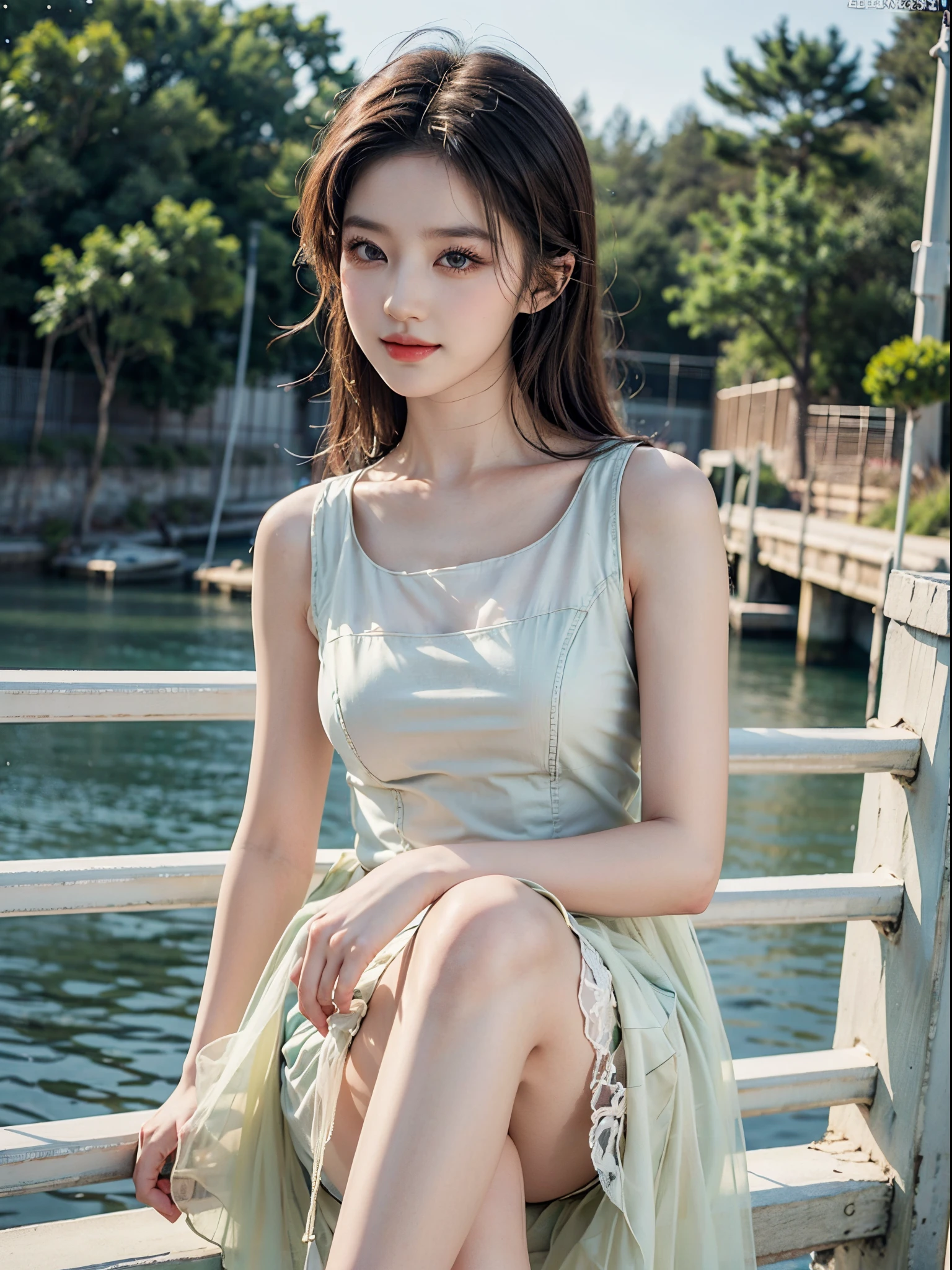 (lifelike,High resolution:1.3), full body photography,Smile,A slim girl, The face shape and eyes are super delicate,black hair,The lips are rosy and shiny,(pretty face), (best quality), (super detailed), (Extremely detailed CG unified 8K wallpaper),Full body photography,green dress,(model photos),big eyes,(eternal),Eyes look at the audience,big breasts:2.0,character-centered,