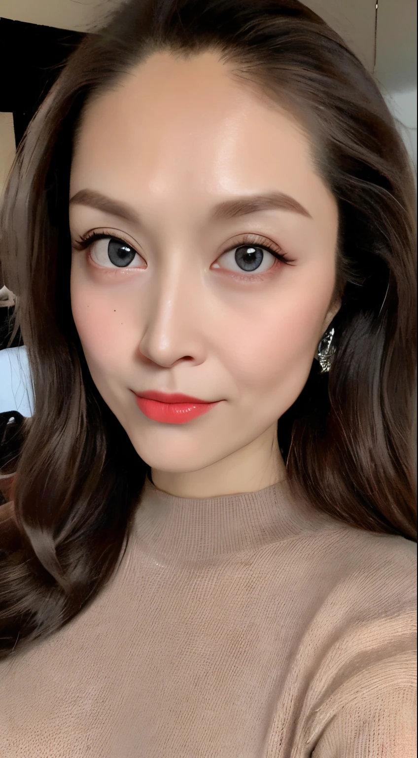 1 girl , sexy, nsfw:0.0, eyeliner, kawaii, student, long hair, brown hair, ((wavy hair)), hair ornament, ((light blush)), ((expressionless eyes)), blue eyes, ((large breasts:1.4)), red lips, makeup, shirtlift, ((black sweater dress)), black kneehighs, high heels, ((semi-rimless eyewear)), jewelry, earrings, necklace, looking at viewer, Depth of field, (detailed face :1.4), (beautiful detailed eyes :1.2), (detailed hair),light on face, cinematic lighting,