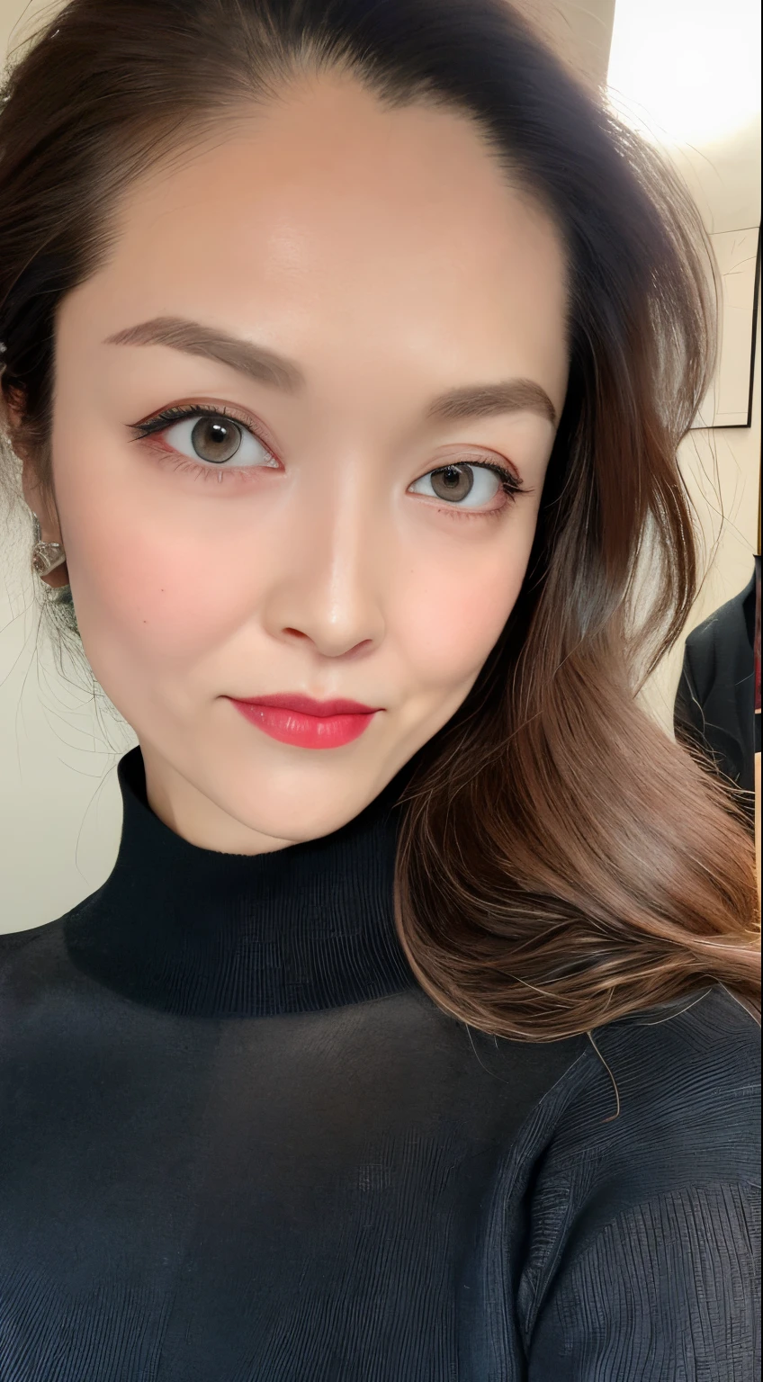 1 girl , sexy, nsfw:0.0, eyeliner, kawaii, student, long hair, brown hair, ((wavy hair)), hair ornament, ((light blush)), ((expressionless eyes)), blue eyes, ((large breasts:1.4)), red lips, makeup, shirtlift, ((black sweater dress)), black kneehighs, high heels, ((semi-rimless eyewear)), jewelry, earrings, necklace, looking at viewer, Depth of field, (detailed face :1.4), (beautiful detailed eyes :1.2), (detailed hair),light on face, cinematic lighting,