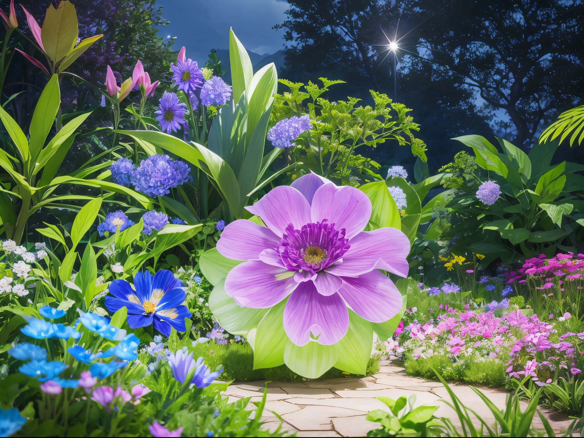 Create a visually striking UHD garden scene where flowers and plants exhibit quantum properties, featuring iridescent colors and geometrically morphing shapes.