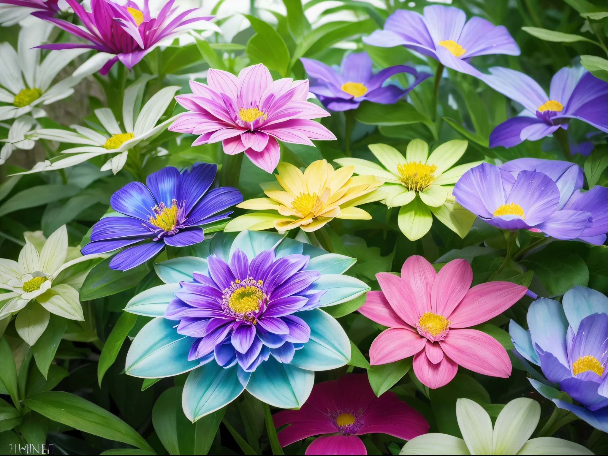 Create a visually striking UHD garden scene where flowers and plants exhibit quantum properties, featuring iridescent colors and geometrically morphing shapes.