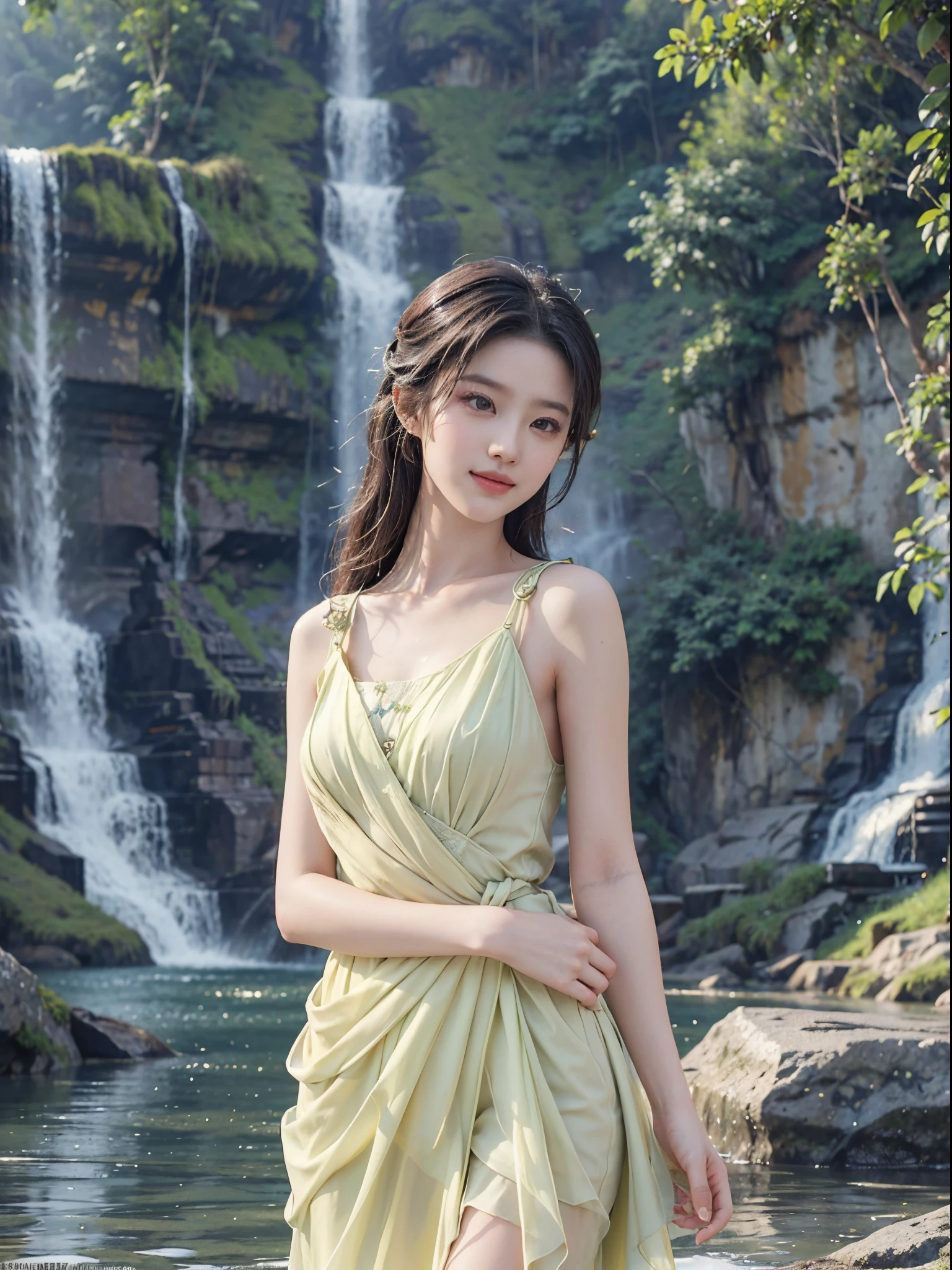 Sweet girl clothes9,yellow dress, liuyifei, ((cowboy shot)), (best quality, masterpiece:1.2), ultra-detailed, (realistic:1.37), beautiful, youthful, glamorous model with (detailed eyes, detailed lips, extremely detailed eyes), with white and floral colors, showcasing a radiant smile, slender figure, long legs, creating a breathtaking depiction of a girl enjoying the water,  realistic waterfalls, wet clothes and hair,  radiant sunlight,  lush greenery, refreshing mist, Elegant pose, random pose, random Angle of view, Getting wet under a waterfall, The waterfall fell on her