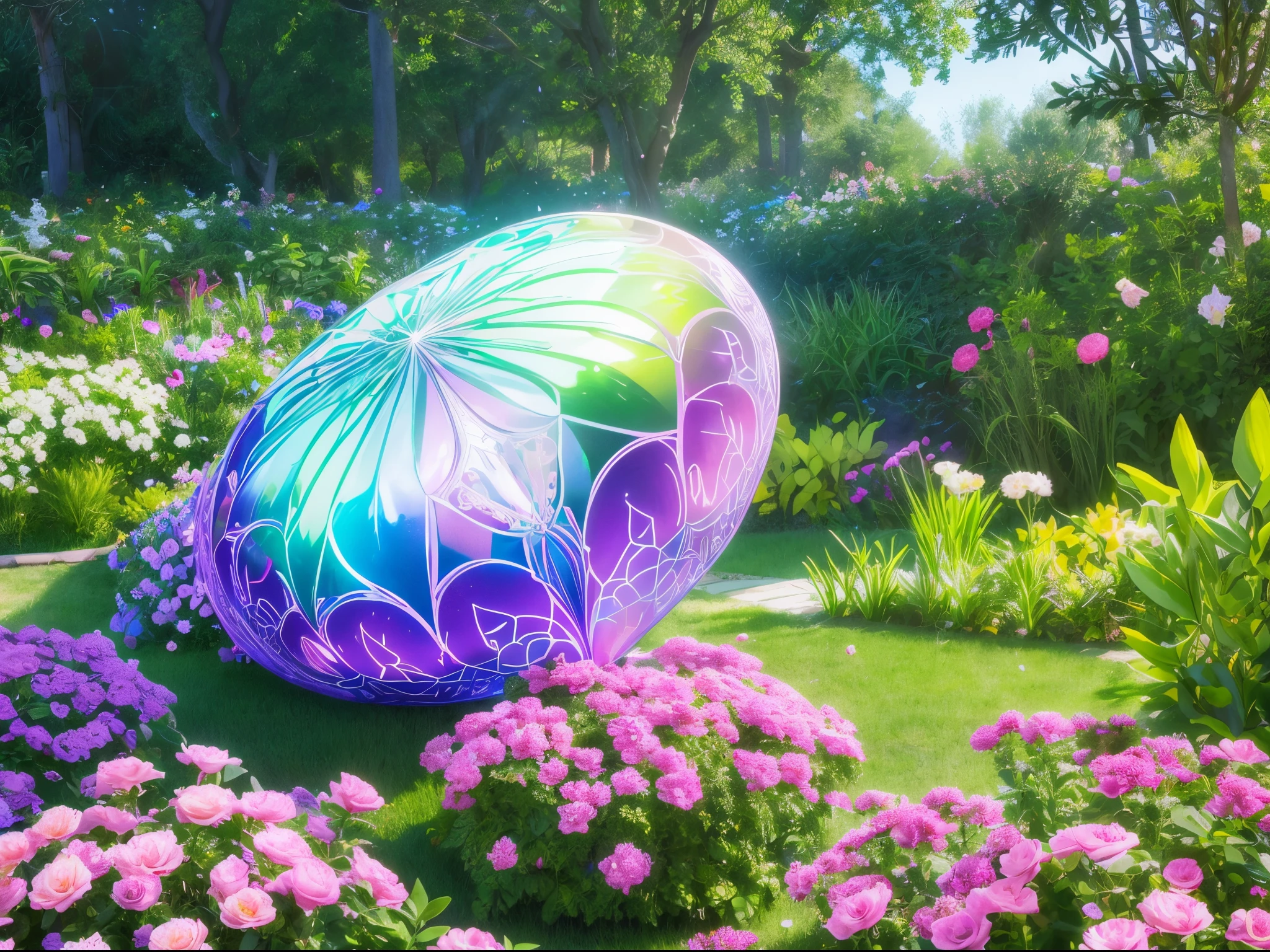 Create a visually striking UHD garden scene where flowers and plants exhibit quantum properties, featuring iridescent colors and geometrically morphing shapes.