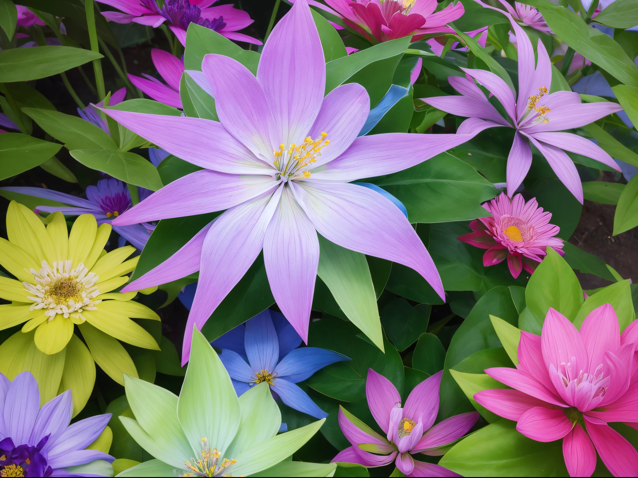 Create a visually striking UHD garden scene where flowers and plants exhibit quantum properties, featuring iridescent colors and geometrically morphing shapes.