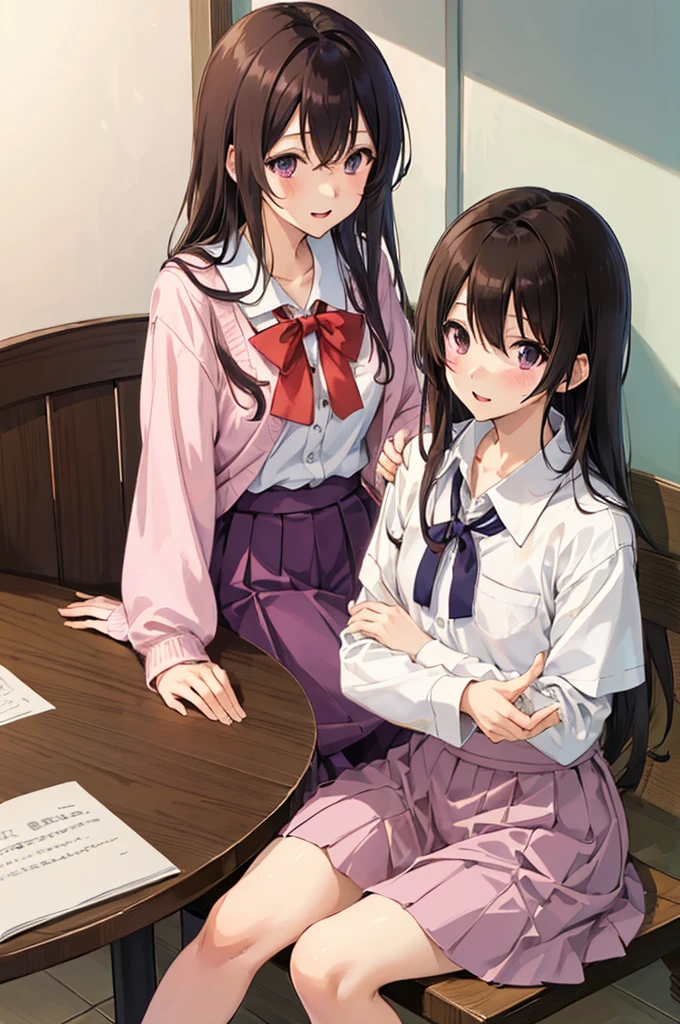 (masutepiece:1.2), Best Quality,pixiv,Erto Houtarou,
1girl in, Oreki Hotaro, chitanda eru, 1boy, Long hair, artist logo, Black hair, Green eyes, Purple eyes, Boken, Skirt, Bangs, Holding, Short hair, Long sleeves, The table, open book, Shirt, Indoors, Pink skirt, White shirt, blush, Sitting, breasts, Leaning forward, Sweaters, hetero, Brown hair, alternate costume, a couple, paper