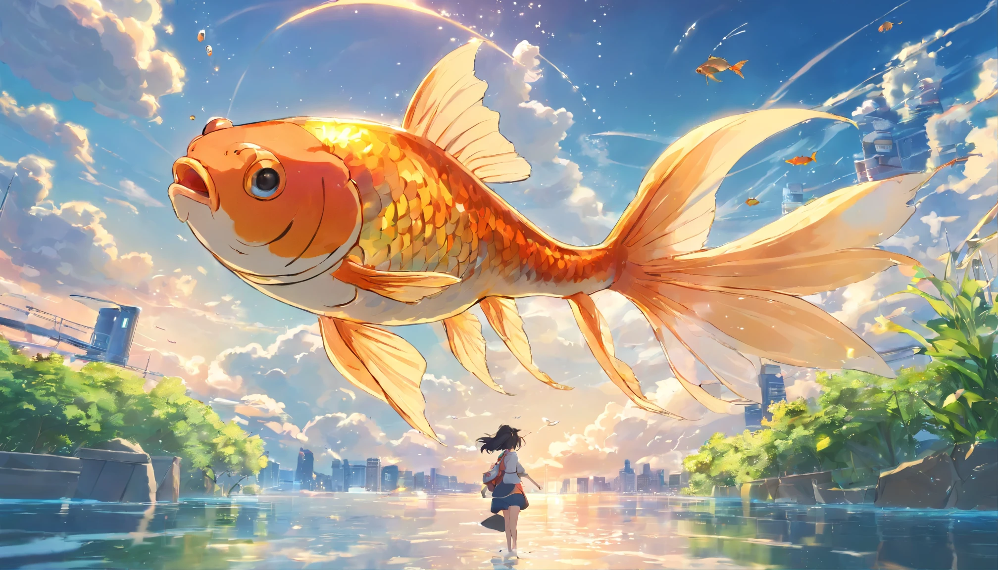tmasterpiece, high qulity, The goldfish that's always in the clouds, Goldfish floating in front of Nantianmen, Anthropomorphic goldfish, Disney style, Cinematic lighting effects, Cinematic picture quality, super detailing, plethora of colors