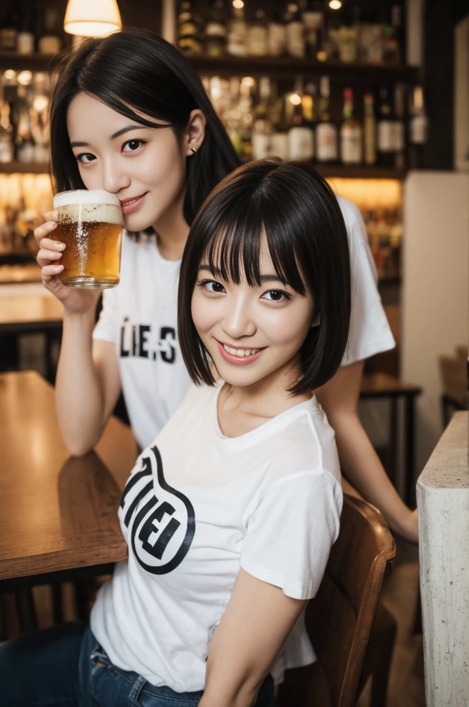 （There is a woman sitting at a table drinking beer, bar girl, In a tatami room, with a drink, Drinking beer, In the pub, In the pub, at bar, drinking beer at bar, Drink at the bar）in a house、（Beer mug）（Edamame、Snacks）Down T-shirt、No bangs:1.10、straight flat chest:1.20, (leaning-forward:1.3)、（Woman with beer）、(Loose T-shirt:1.5)、bra very.10, Pink areola is visible:1.20,  A Cup:1.20, Erotic, (top-quality、8K、32K、​masterpiece)、japanes、30-years old、Very pretty girl、Beautuful Women、Bright smile、shinny skin、blurry backround、Ear hooks:1.20, A dark-haired:1.10, Upper body close-up、Shot from above、A refreshing smile,Alafed Girl, chiho, iwakura lain, closeup Iwakura Lain, With short hair, Shiori Teshirogi, Kotegawa Yui, hime-cut, She is 20 years old, sui ishida with black hair, lain iwakura, girl cute-fine-face, Clear pubic contours,(Small breasts), hight resolution, ighly detailed, top-quality, [​masterpiece:1.6],, ighly detailed, nffsw, finely detail, top-quality, , Cinematographic lighting, 1girl in、Cute Japan Girls、perfect body type、, Cute droopy eyes、Beautiful big eyes、ultra-detailliert、hight resolution、Transcendent beauty　top-quality、​masterpiece、majicMIX Real、(Raw photography:1.2)、(Photorealsitic:1.4)、