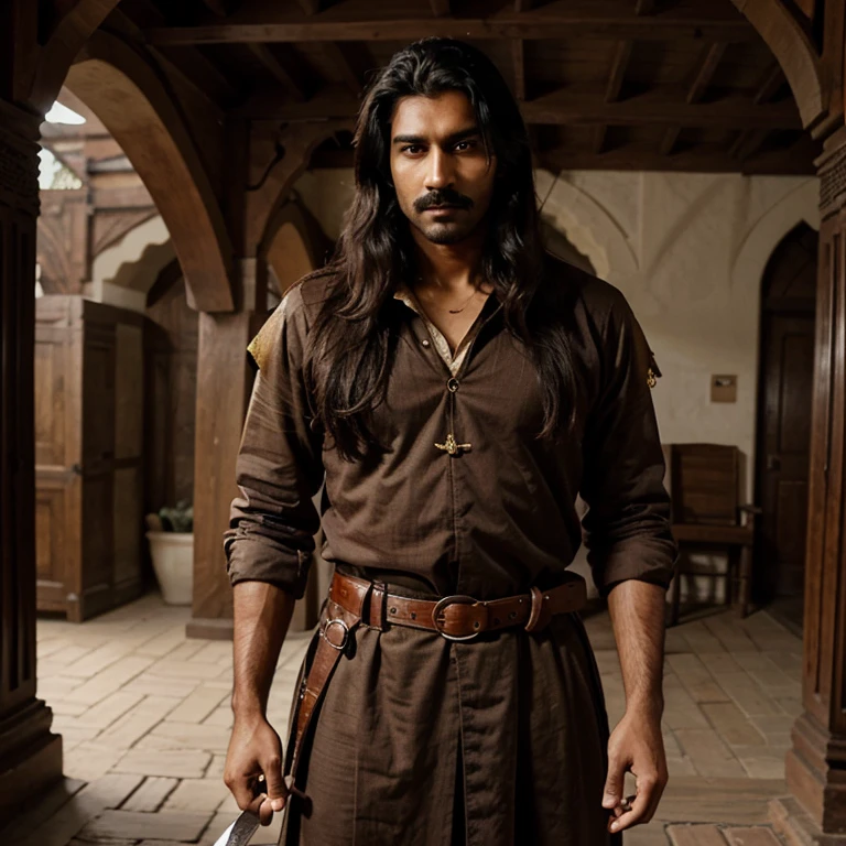 Tall, dashing Indian man in his mid-twenties with long dark hair, a mustache, and a serious expression. He's dressed in medieval clothes with a knife at his belt.