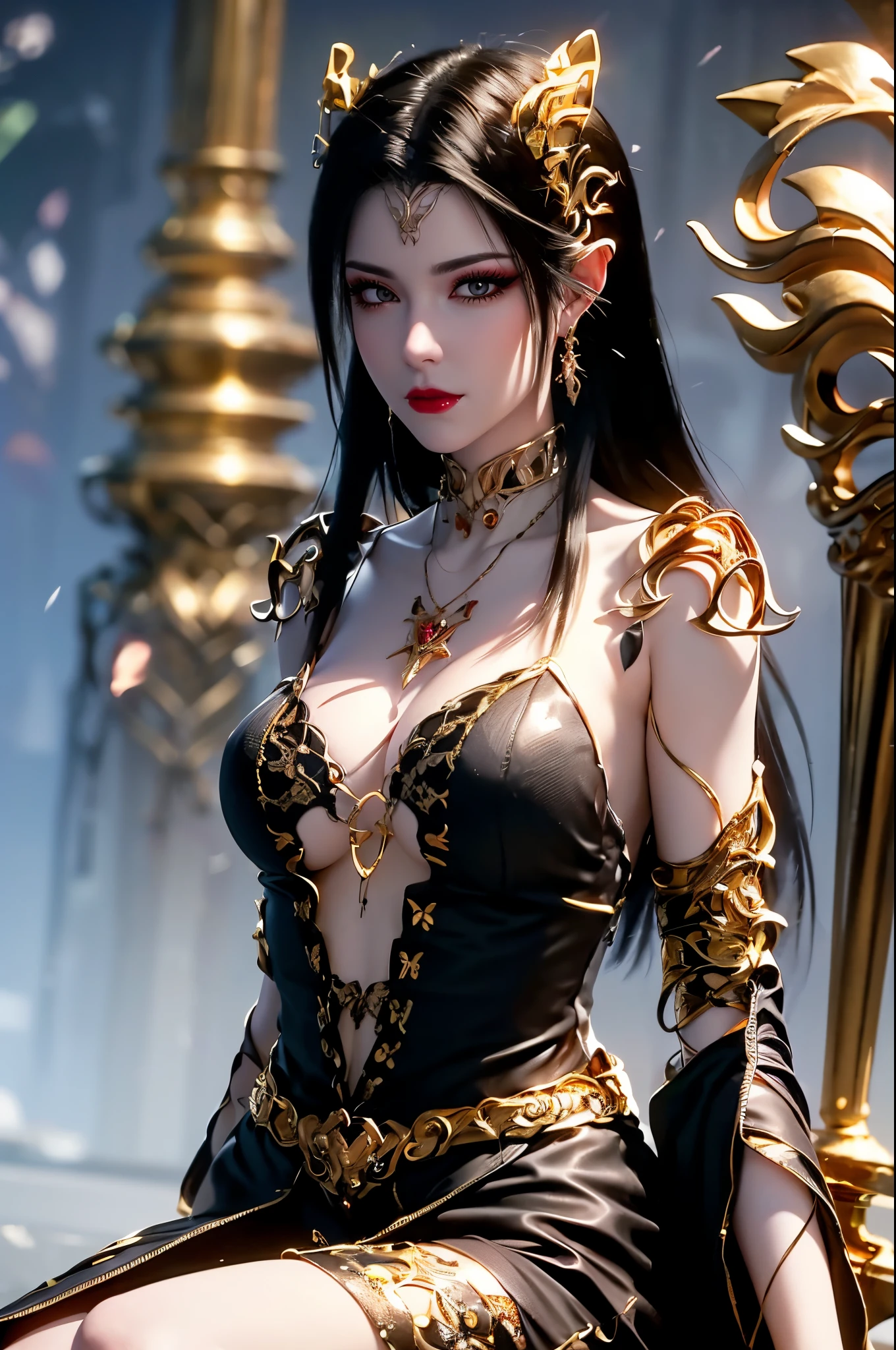 An extremely beautiful 20 year old girl, girl with a pretty little face, (( girl wearing a black robe with gold trim: 1.2)), Super beautiful and detailed hair jewelry, colorful gemstones, elegant pose, garden background, soft lighting,vibrant colors, delicate facial features, long jet black hair, big and round breasts, black eye pupils, round breasts, round platinum eyes are beautiful and super detailed, ((orange red makeup eyeshadow: 0.6)) mouth closed tightly, dreamy atmosphere, girl with a well-proportioned body, ((sexy sitting position: 1.5)), ((clasp the girl's hands behind her back: 1.2)), ethereal beauty, proud expression, clasped the queen's hands behind her back, strikingly graceful, lovely and charming, attention to detail, regal and majestic, fairytale-like ambiance,1 girl, 1 alone, (((frontal portrait:0.8)))."