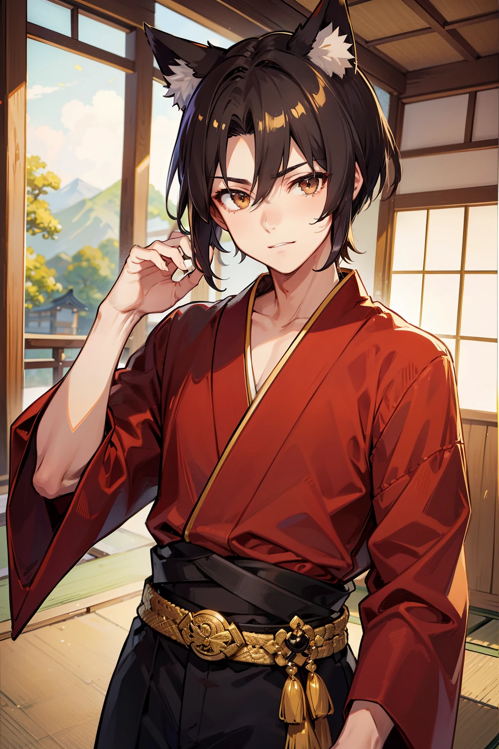 (high-quality, breathtaking),(expressive eyes, perfect face), 1boy, male, solo, young adult, black hair , gold coloured eyes, gentle smile, short hair, loose hair, hair between eyes, japanese clothing, red shirt with a gold trim, black pants, brown belt, black fox ears on top of his head, wears a japanese fox mask on the side of his head