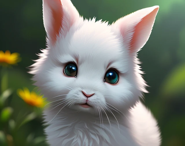 Gorgeous rabbit with dreamy eyes, non-human, Volumetric Lights, Hyper realistic, green forest, with flowers, Intricate details, Illustration, Painting, watercolor paiting, kawaii chibi, nffsw!, Shallow depth of field, Pastel color palette, Soft lighting, Minimalist, Modern, Digital Painting, Lois van Baalle、by Ross Tran、Art by Art Germ, trending on artstation hq, Highly detailed