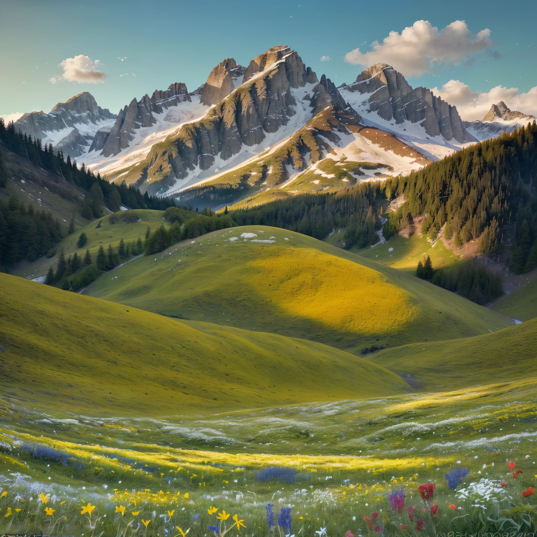In the breathtaking expanse of serene alpine meadows, a picture comes alive, capturing the essence of tranquility and natural beauty. This stunning photograph showcases rolling meadows, bathed in warm sunlight, dotted with vibrant wildflowers and surrounded by towering snow-capped mountains. The image transports you to a place of utter serenity, where gentle breezes carry the sweet scent of wildflowers and the only sound that exists is the soothing melody of chirping birds. The vibrant colors and intricate details evoke a sense of immaculate clarity and masterful artistry, making this image a masterpiece worthy of awe and admiration.