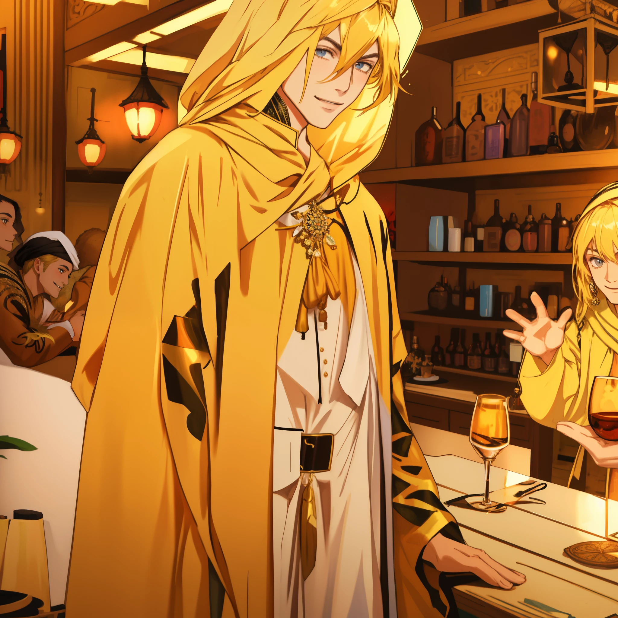 4K, Masterpiece, highres, absurdres,bishounen, attractive man, cute man, blonde hair, smiling confidently, wearing a leather jacket,  caftan, wearing a morrocan_caftan, Baghdad VIII century background, face ultra focus,