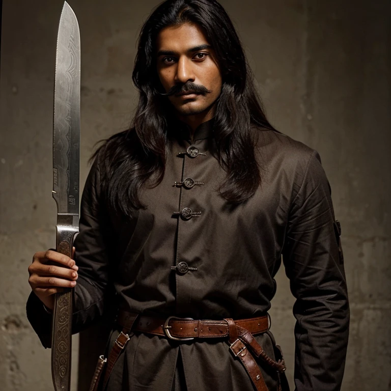 Tall, dashing Indian man in his mid-twenties with long dark hair, a mustache, and a serious expression. He's dressed in medieval clothes with a knife at his belt.