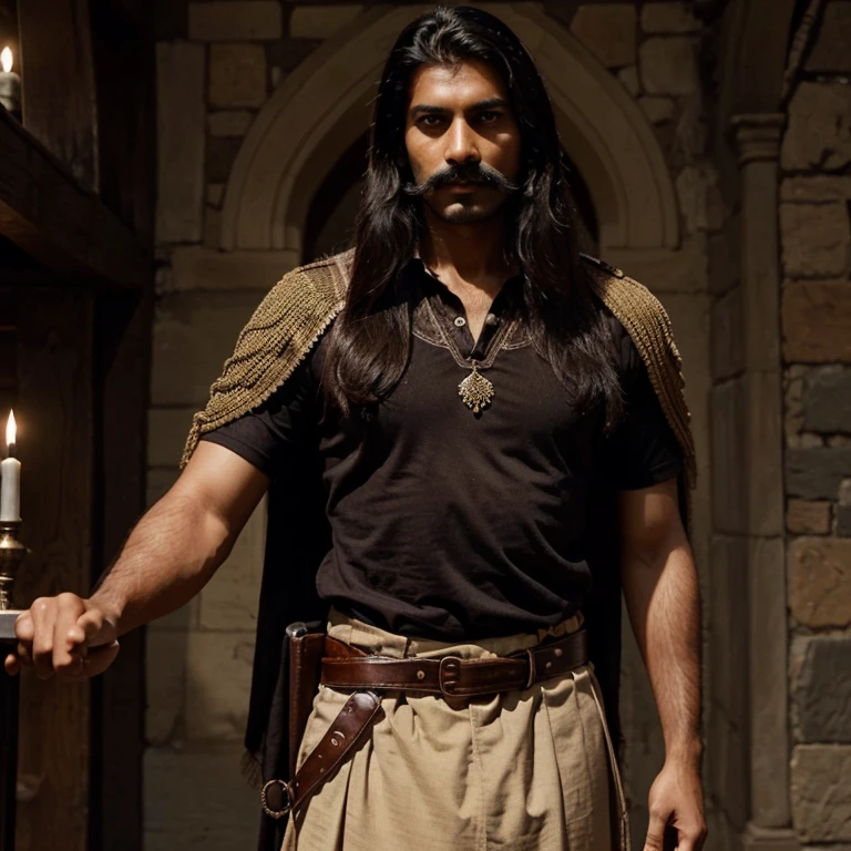 Tall, dashing Indian man in his mid-twenties with long dark hair, a mustache, and a serious expression. He's dressed in medieval clothes with a knife at his belt.