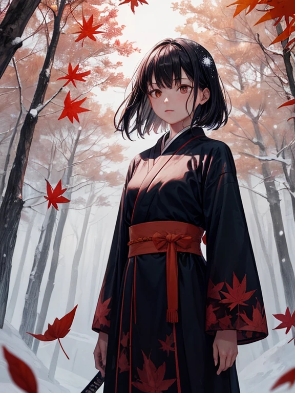 A night dark wood forest background, less snow falling, windy, red and orange leaves, leaves flying around, scattered leaves, a girl in black and white samurai dress standing head down with a sword