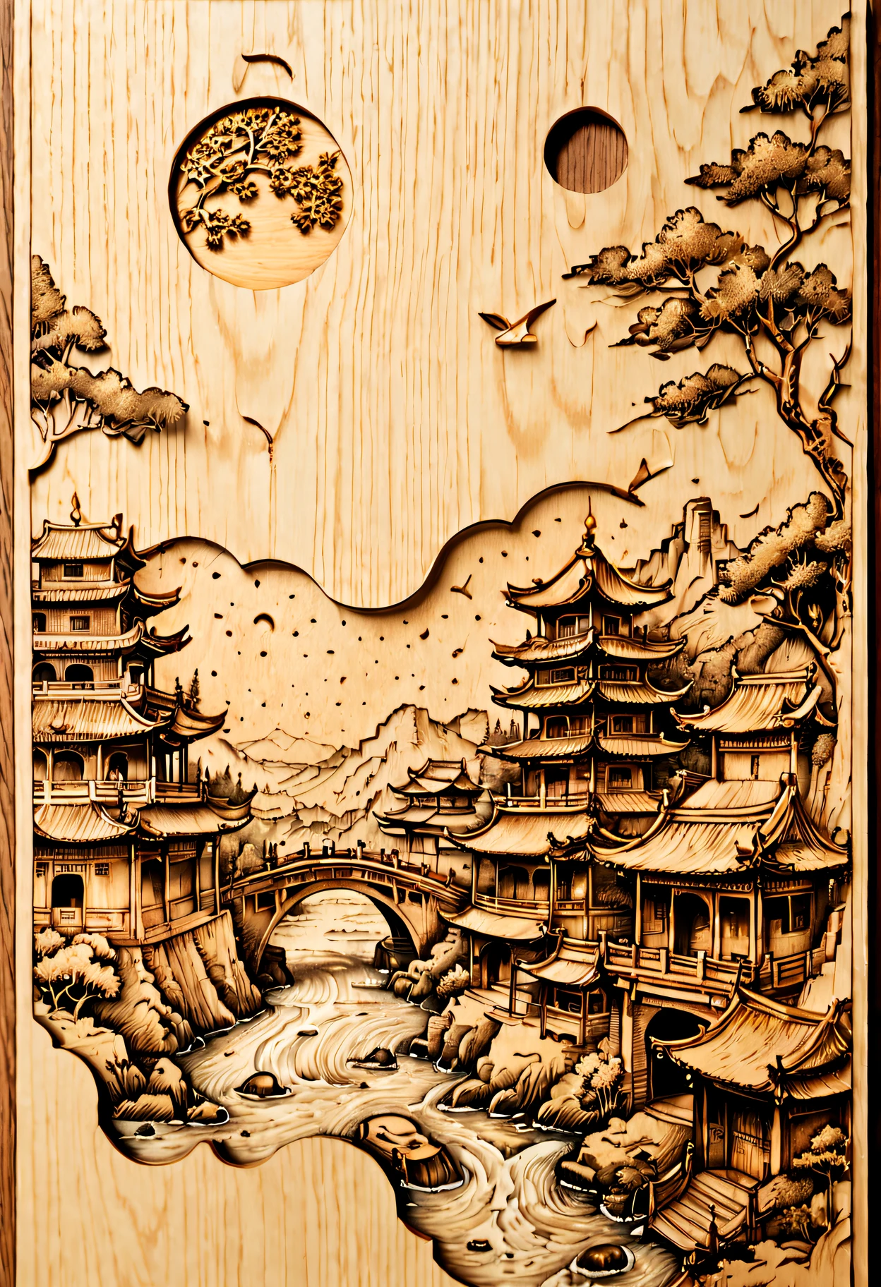 Postcard front and back design, concept design，Close-up of the front and back of a postcard with a picture of a city, laser cut, wooden decoration, High-quality sketches, A piece of wood, Very detailed pictures, rubber stamp, Handmade, whole card, hyper detailed photo, Detailed landscapes, pyrography, super detailed picture, Pleasant,engraved, Highly detailed etching, intricate engraving, In the style of sketchfab, Chinese traditional, precisionist lines, light gold, Holographic printing, Accurate terrain, Full of hidden details, discrete cosine transform