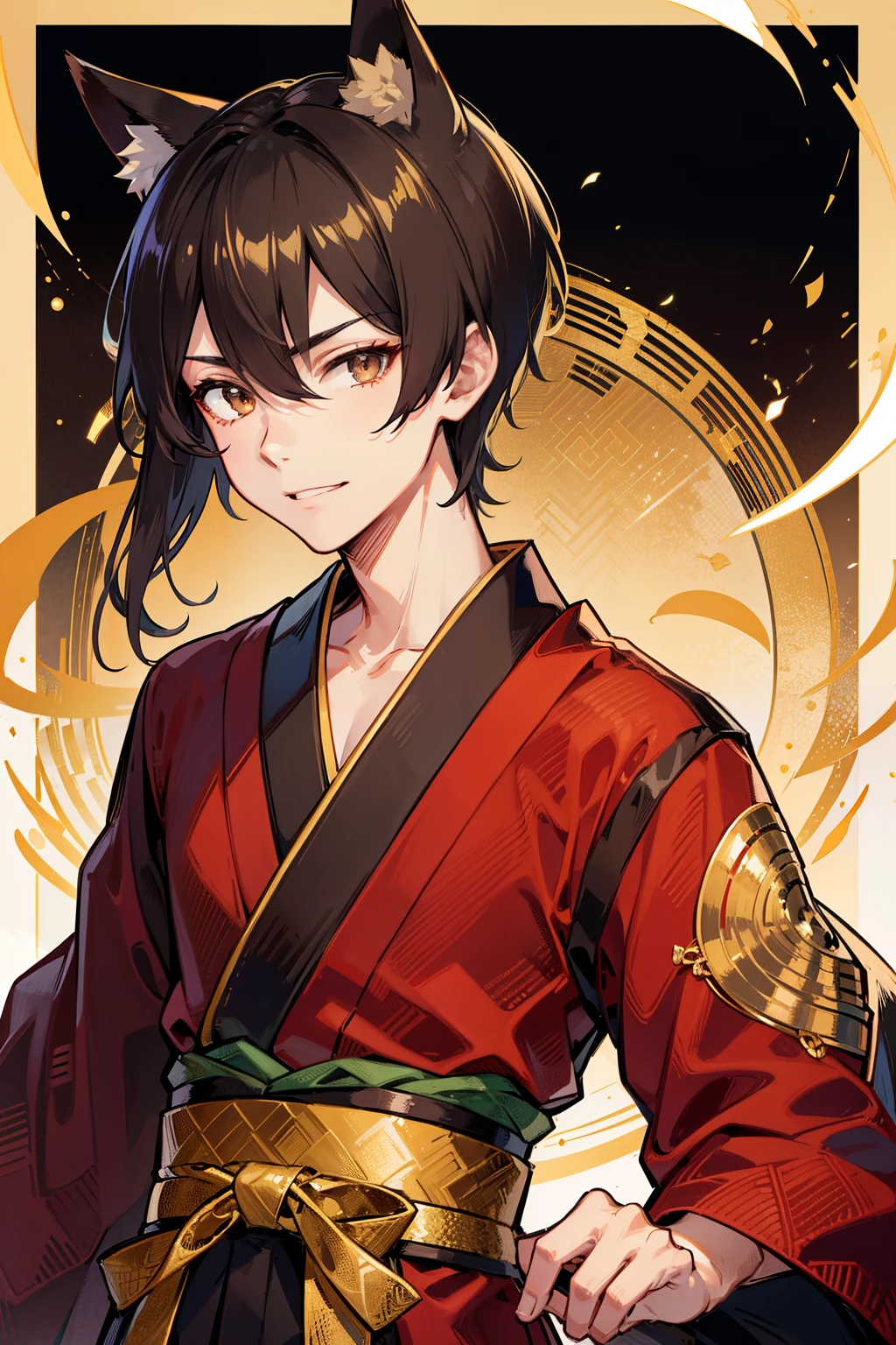 (high-quality, breathtaking),(expressive eyes, perfect face), 1boy, male, solo, young adult, black hair , gold coloured eyes, gentle smile, short hair, loose hair, hair between eyes, japanese clothing, red shirt with a gold and black trim, black pants, brown belt, black fox ears on top of his head, wears a japanese fox mask on the side of his head, patterns on kimono