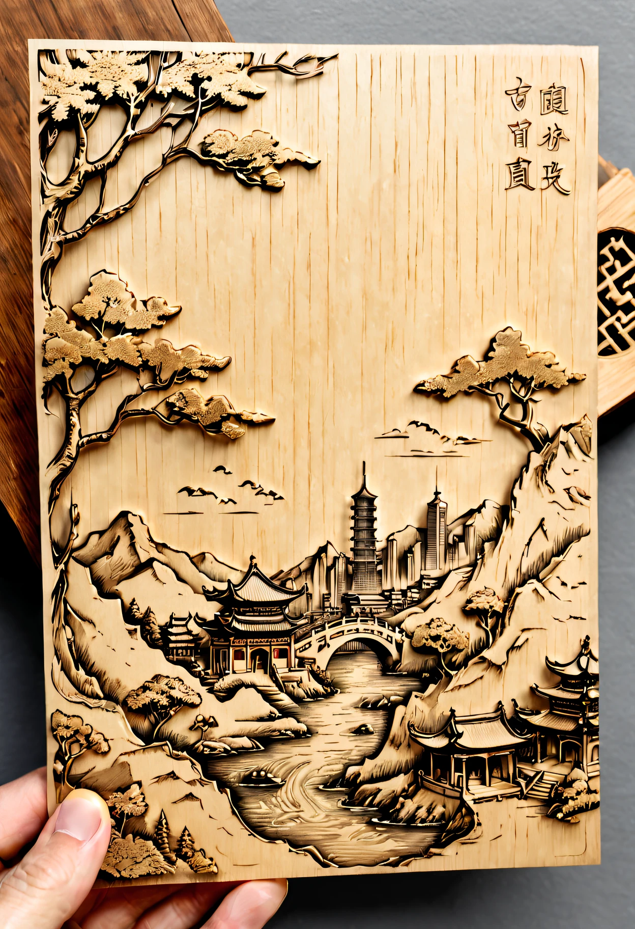 Postcard front and back design, concept design，Close-up of the front and back of a postcard with a picture of a city, laser cut, wooden decoration, High-quality sketches, A piece of wood, Very detailed pictures, rubber stamp, Handmade, whole card, hyper detailed photo, Detailed landscapes, pyrography, super detailed picture, Pleasant,engraved, Highly detailed etching, intricate engraving, In the style of sketchfab, Chinese traditional, precisionist lines, light gold, Holographic printing, Accurate terrain, Full of hidden details, discrete cosine transform