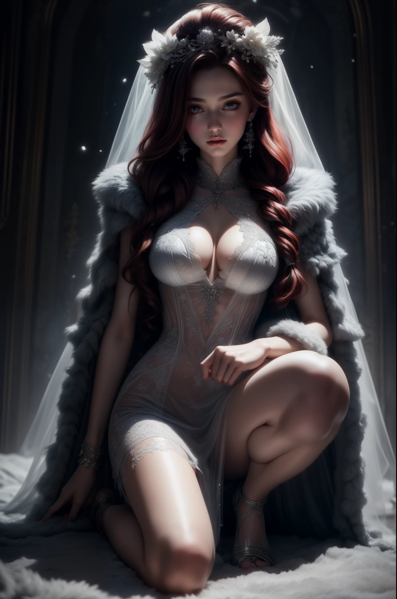 Enrich the picture，Masterpiece level quality）winter Beautiful 8K CG artwork，Goddess-like posture，Kneeling exercise，Slim and soft，Translucent skin，redhair long fluttering hair、Medium-long hair and messy hair blend beautifully，The skin is fair and juicy，medium breasts uniform，Perspective Part 1.2x enhanced silhouette effect，White fur coat on top of a French ball gown, are delicate and transparent，The details are intricate and exquisite，The background is winter forest landscape，Charming and lustful leg seduction，Drool。