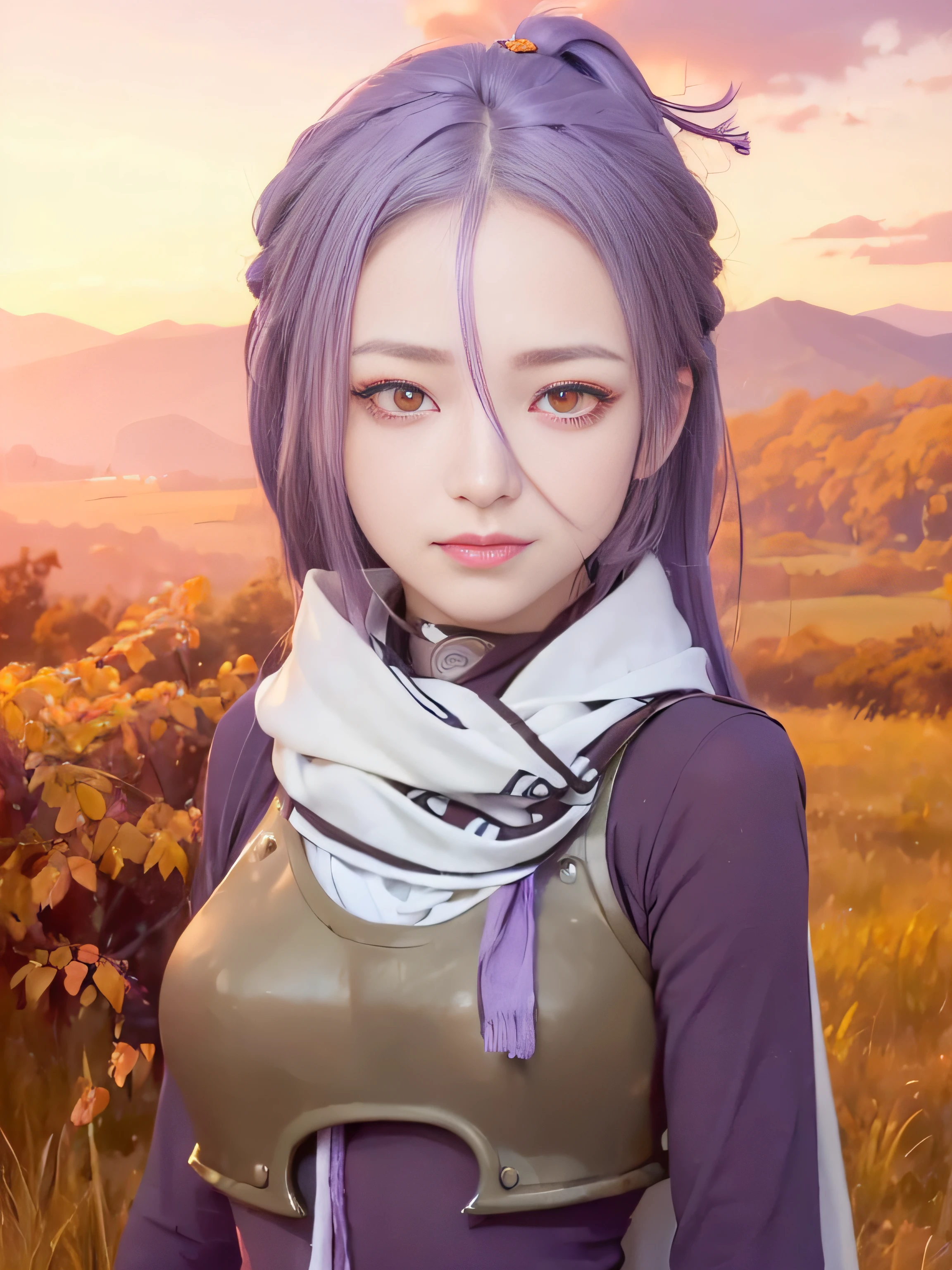 masterpiece, best quality, (realistic,photo-realistic:1.4), (RAW photo:1.2), extremely detailed CG unity 8k wallpaper, delicate and beautiful, amazing, finely detail, official art, absurdres, incredibly absurdres, huge filesize, ultra-detailed, extremely detailed, extremely detailed girl,extremely detailed eyes and face, light on face,little smiles,long hair,(purple hair:1.5),(red eyes:1.8),angel wings,hair clip,(brown breast plate:1.4),(hair between eyes:1.4),(wearing scarf:1.4)