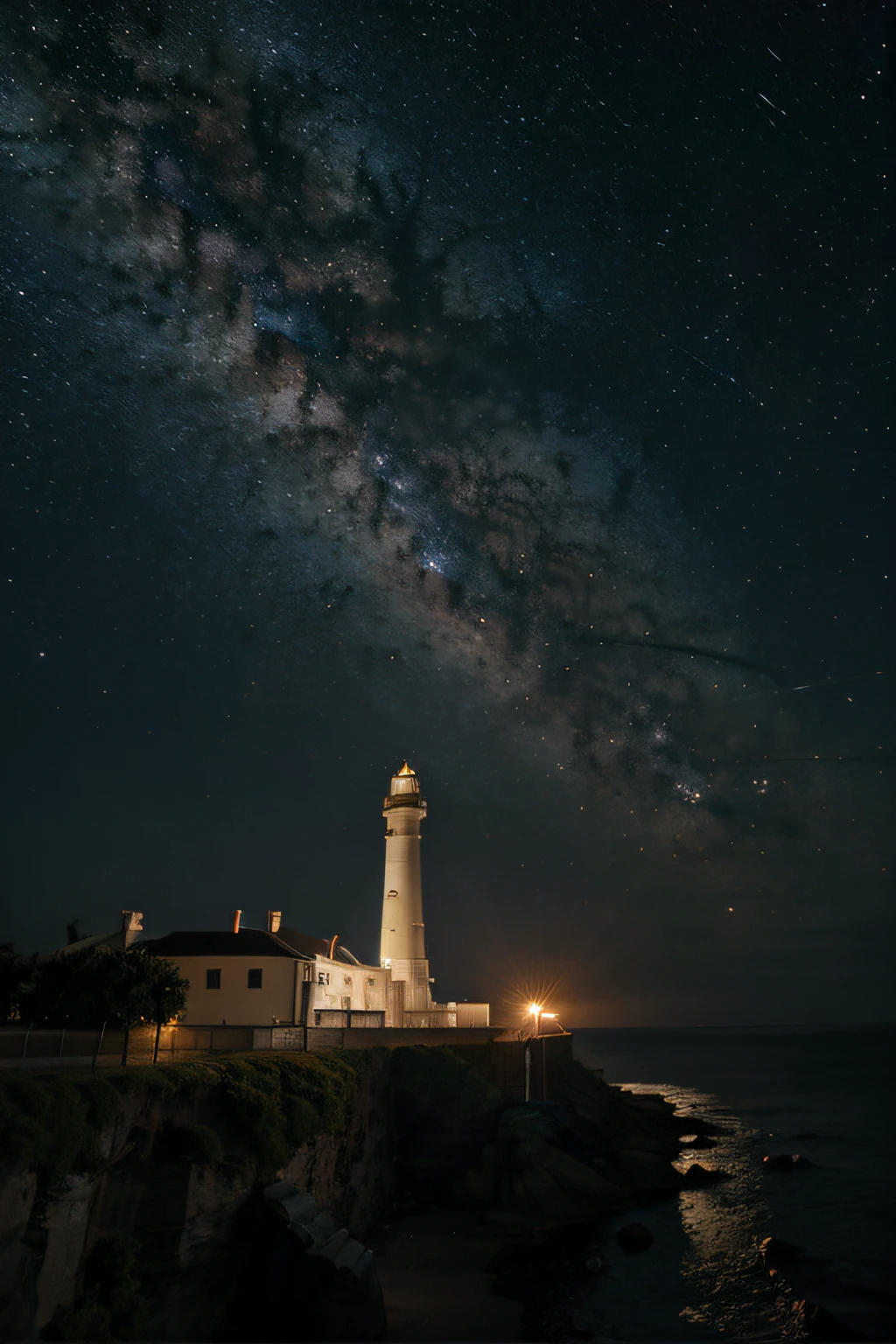 background is a vast universe at night,a lighthouse and a space shuttle are similar size, lighthouse on the earth, space shuttle in the sky