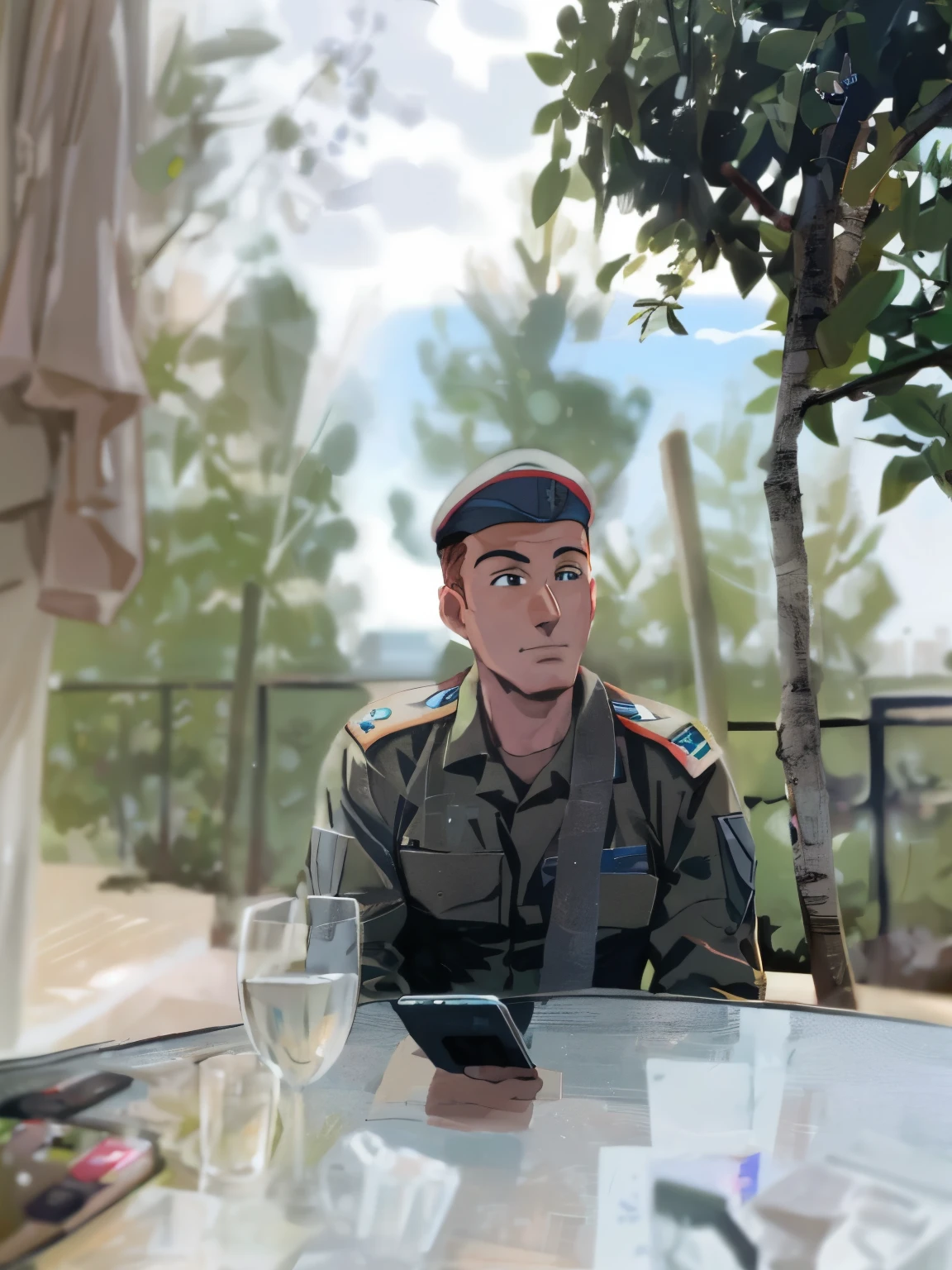 there is a commander on the IDF sitting at a table with a cell phone, his face should be based on the picture and his body looks like “johny bravo” cartoon from cartoon network tv channel