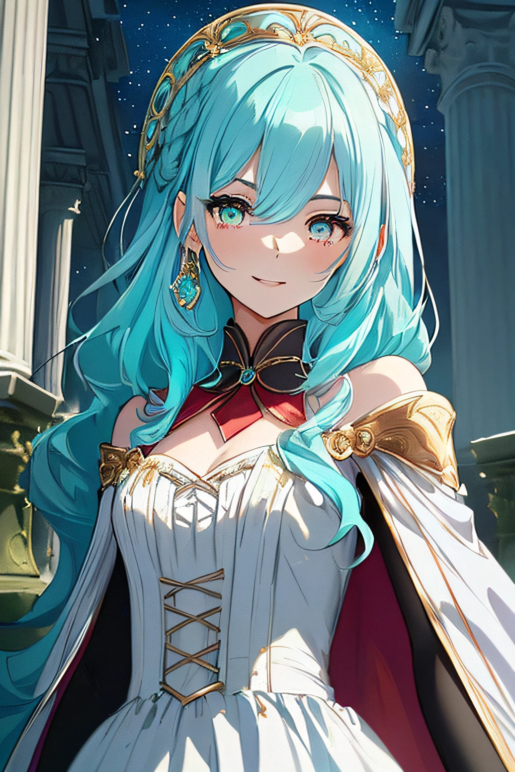 (1人の女の子, 16 years old, vistiendo un vestido blanco y una capa escarlata)), cabello cian, (((cabello cian))) cabello hasta los hombros, cabello ondulado, horquilla dorada en el pelo, Femenino, Haughty expression, ojos malignos, hermosa adolescentee (Cara detallada, Cara perfecta) (evil expression) adolescentee bonita, ((Sombras extremadamente realistas, Obra maestra del arte, extremadamente detallado, fotorrealista), Small bust (busto subdesarrollado) ((16 years old)), cara bonita y juvenil, sonrisa malvada, cuerpo delgado pero sexy, small breasts, busto delgado ((good anatomy)), vestido blanco y rojo sencillo, cintura estrecha, capa escarlata sobre sus hombros, ojos violetas, Ojos grandes y delicados, Ojos bien abiertos ((ojos detallados)) cara bonita, adolescente, joven. Night a beautiful Roman palace with white and gold columns behind it, Noche, luna, rayos lunares, Estrellas. (((cabello cian))) (((cabello cian))) (((cabello cian))) Noche, Noche, Noche