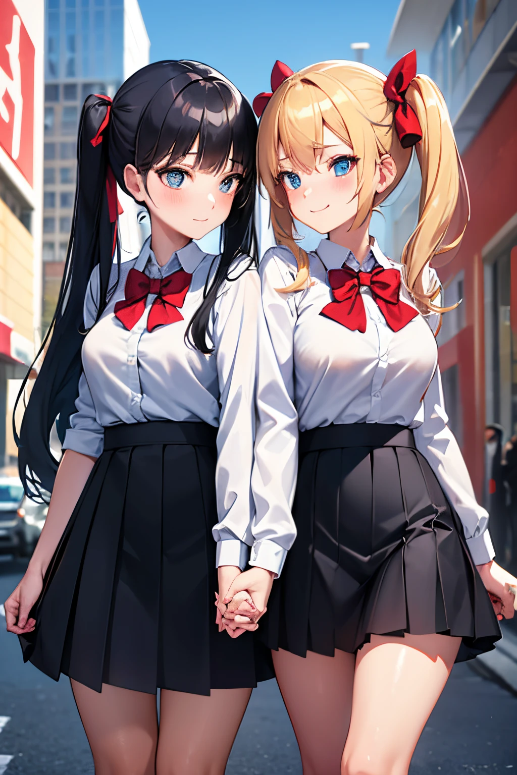 a female anime girl standing in a city street kissing one others hands, multiple girls, skirt, blue eyes, holding hands, 2girls, outdoors, bow, shirt, bowtie, smile, looking at viewer, red bow, white shirt, long hair, pleated skirt, twintails, black hair, black skirt, socks, blonde hair, school uniform, collared shirt, closed mouth, red bowtie, blush, bangs, breasts, day, sleeves rolled up, hair bow, kneehighs