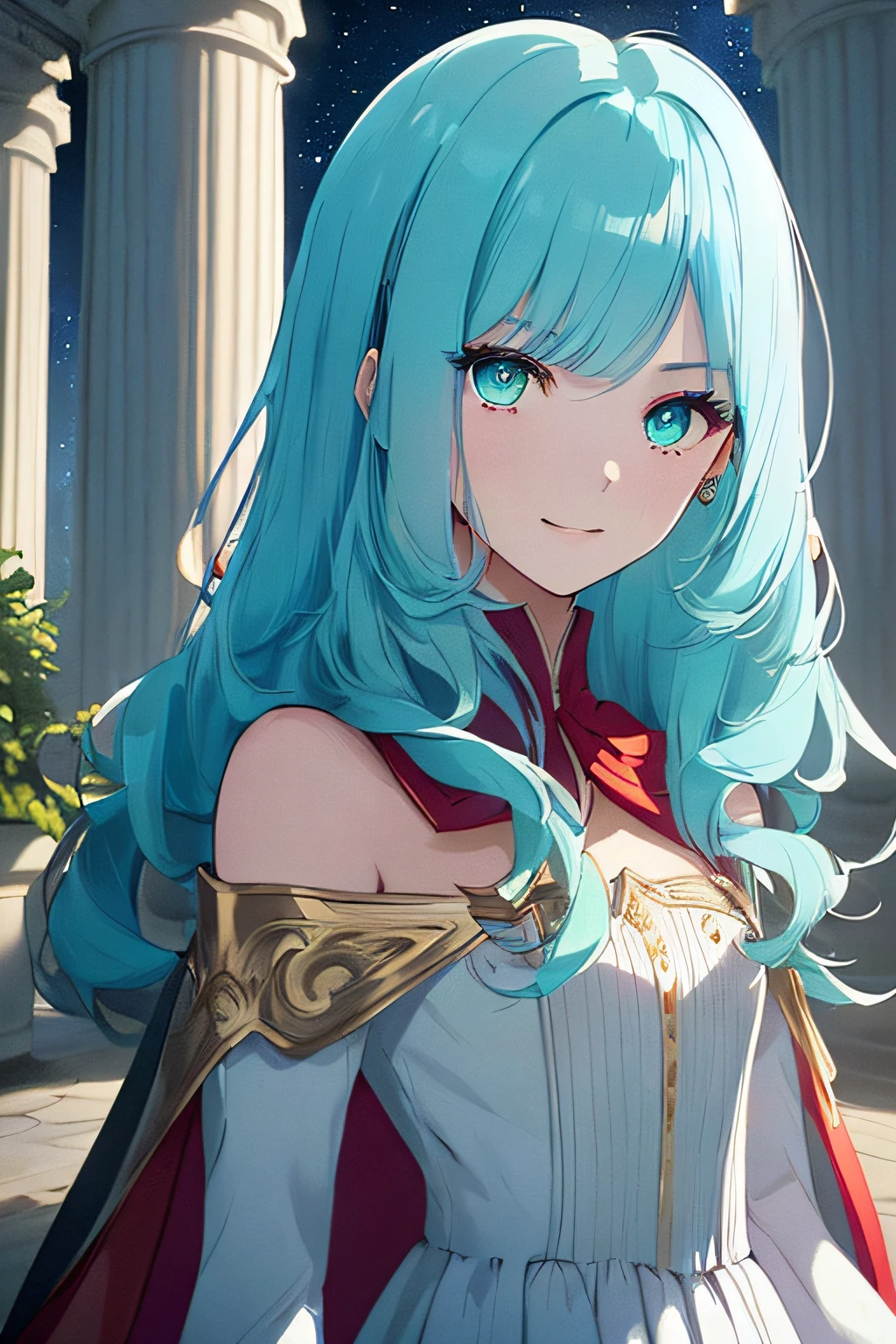 (1人の女の子, 16 years old, vistiendo un vestido blanco y una capa escarlata)), cabello cian, (((cabello cian))) cabello hasta los hombros, cabello ondulado, horquilla dorada en el pelo, Femenino, Haughty expression, ojos malignos, hermosa adolescentee (Cara detallada, Cara perfecta) (evil expression) adolescentee bonita, ((Sombras extremadamente realistas, Obra maestra del arte, extremadamente detallado, fotorrealista), Small bust (busto subdesarrollado) ((16 years old)), cara bonita y juvenil, sonrisa malvada, cuerpo delgado pero sexy, small breasts, busto delgado ((good anatomy)), vestido blanco y rojo sencillo, cintura estrecha, capa escarlata sobre sus hombros, ojos violetas, Ojos grandes y delicados, Ojos bien abiertos ((ojos detallados)) cara bonita, adolescente, joven. Night a beautiful Roman palace with white and gold columns behind it, Noche, luna, rayos lunares, Estrellas. (((cabello cian))) (((cabello cian))) (((cabello cian))) Noche, Noche, Noche