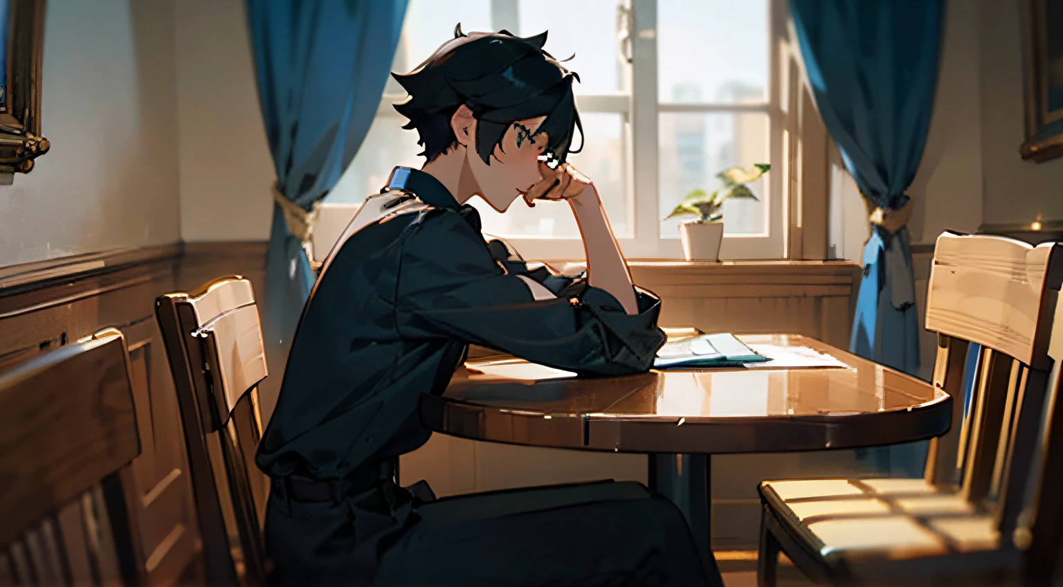 black color hair,Fifteen-year-old boy,Being in the room,Sit at the table