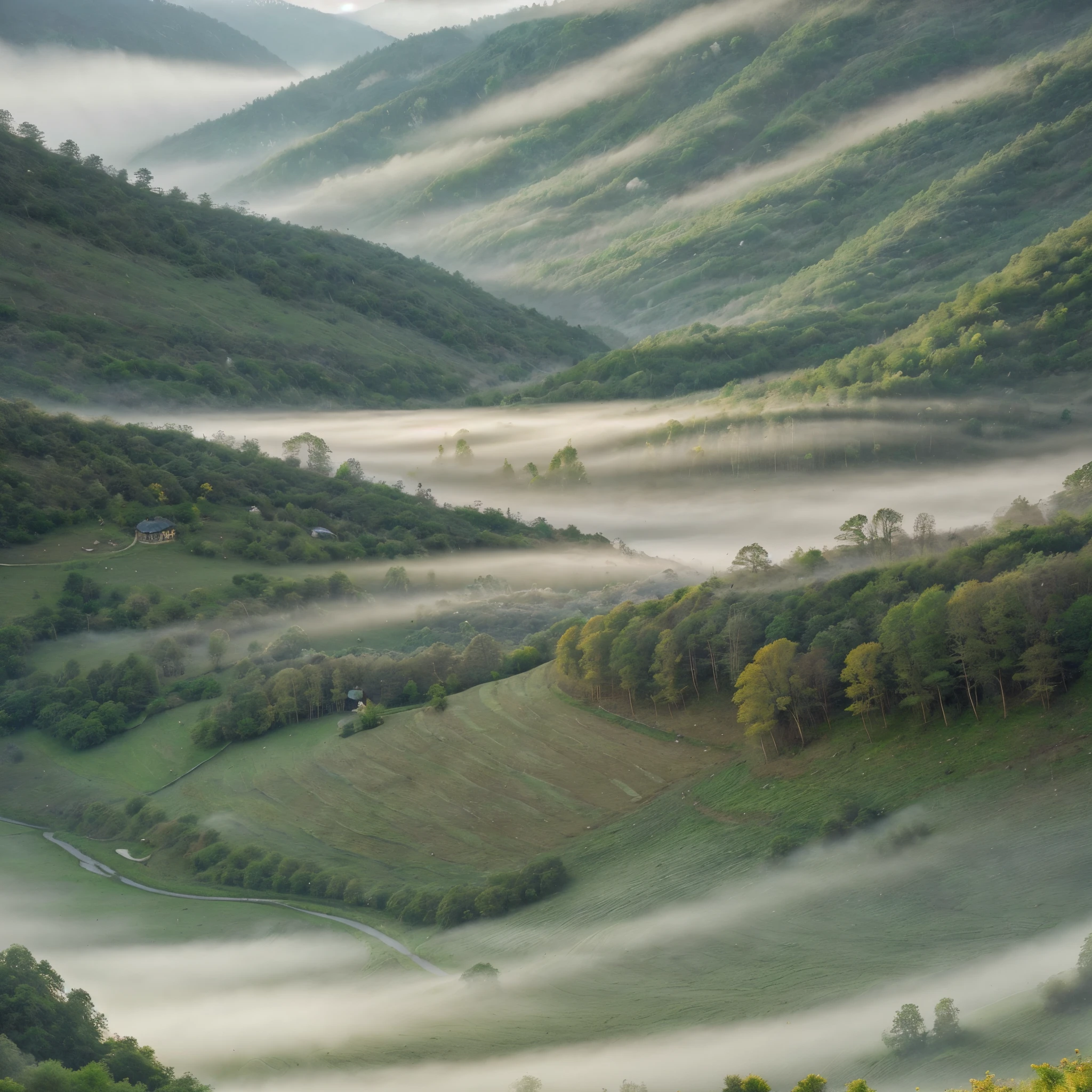In the scene described, enchanting misty valleys come alive on the canvas, capturing the viewer's gaze. Rolling hills and meandering streams are shrouded in a fine mist, lending an ethereal quality to the image. The valleys are blanketed with lush green foliage, exuding a sense of tranquility and serenity. Delicate rays of sunlight break through the mist, casting a soft, golden glow on the landscape. This breathtaking painting beautifully captures the mystique and allure of misty valleys, immersing the viewer in a world of natural beauty and calm.