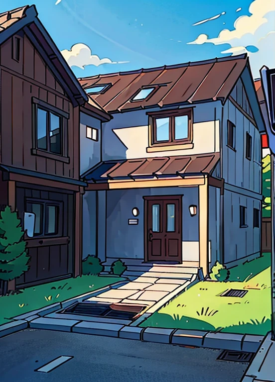 (beste-Qualit:0.8), (beste-Qualit:0.8), (((NOhumans))), Broken introspective perfect anime illustration, frontal view, House with a small mailbox in front