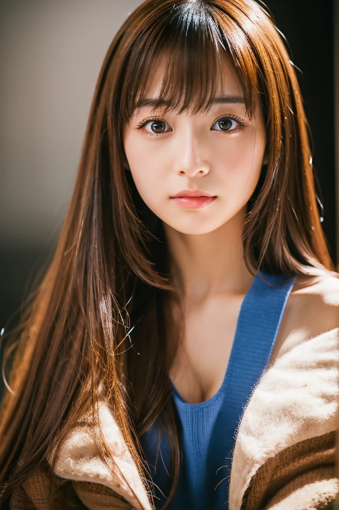 A photo portrait of a Japanese cute girl.beautiful.kawaiilike idol.brown long hair.Her bangs are parted and her forehead is exposed.symmetrical face.front facing.front facing.looking at camera. studio lighting, 8k. Dramatic, professional photography, UHD,photorealistic.35mmlens,f/1.8,
