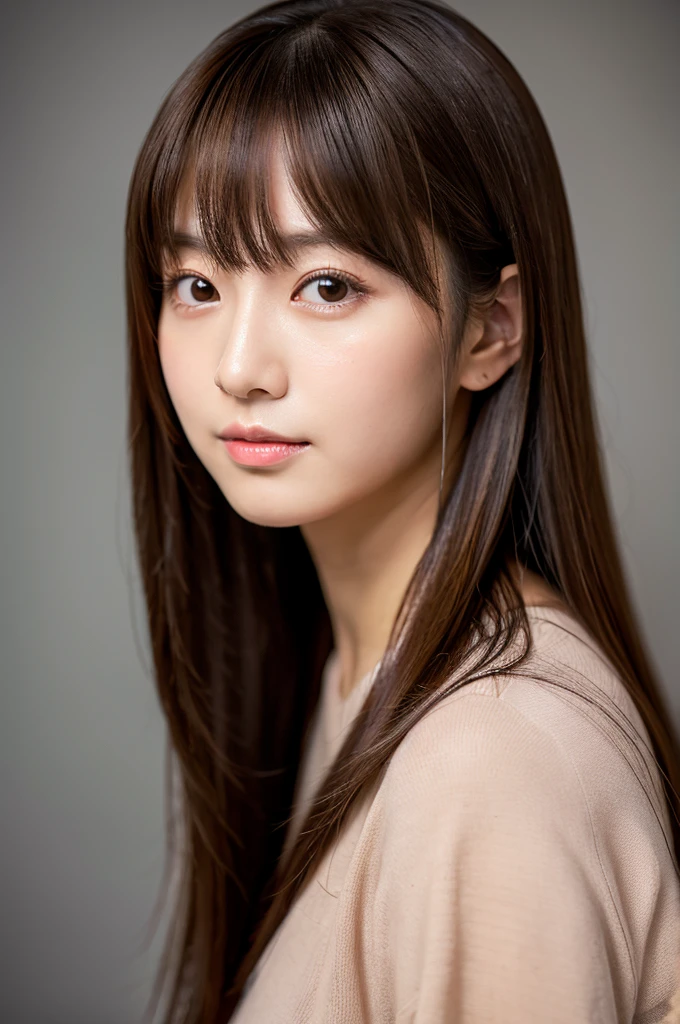 masterpiece, highest quality, 8k, 20th Generation, Large Breasts, cute, alone, sad, cute, Girlish, Delicate girl, Pure beauty, RAW Photos, Professional photography, Portraiture, Soft Light, Professional Lighting, Backlight, Upper Body, avert your eyes, Sophisticated, Film Grain, (Eyes and facial details:1.0), Short floating hair, Beautiful, flowing hair, bangs, T-shirts and cardigans、(Large Breasts:1.0)、You can see a little cleavage