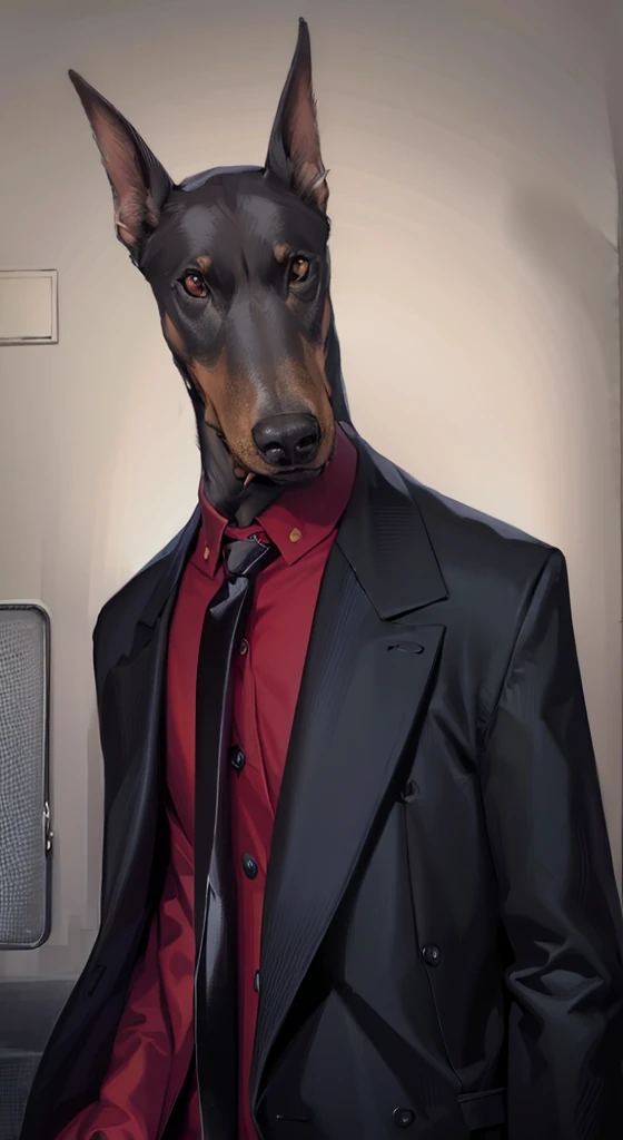 japan manga style，8K,high high quality，simplebackground，Doberman，Dog-headed man，Dog-headed man，Red shirt，Wearing a black suit，sun glasses