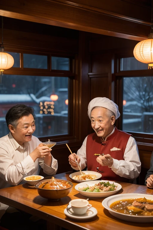 Three people are sitting at a table with food,An old man, a girl and a boy, Dinner at a Chinese restaurant, The people inside are very happy and eating happily,Eat Sichuan hotpot on the table,Piping hot,Very delicious,The whole picture has a nostalgic and fireworks atmosphere,The warm, Warm and joyful atmosphere, good lighting, Warm glow,Snowy atmosphere in December outside the window,Focus visual magnification on the table,4K posts, 4K posts, This is a fantasy rendering shot with a real camera