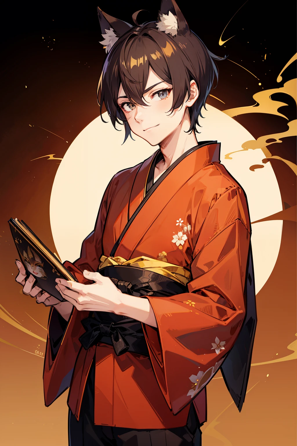 (high-quality, breathtaking),(expressive eyes, perfect face), 1boy, male, solo, young adult, black hair , gold coloured eyes, gentle smile, short hair, loose hair, hair between eyes, japanese clothing, red shirt with a gold and black trim, black pants, brown belt, black fox ears on top of his head, wears a japanese fox mask on the side of his head, patterns on kimono, masculine face