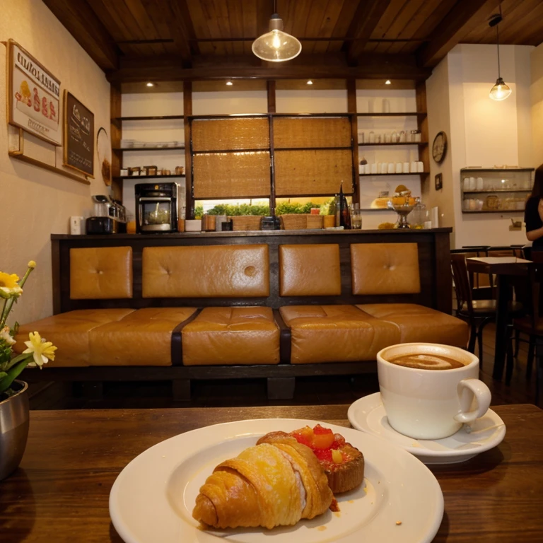 hearty breakfast, croissant, ovo, coffee shop, suco de laranja, geleia, flores para enfeitar, prato estampado homemade, morning, kitchen