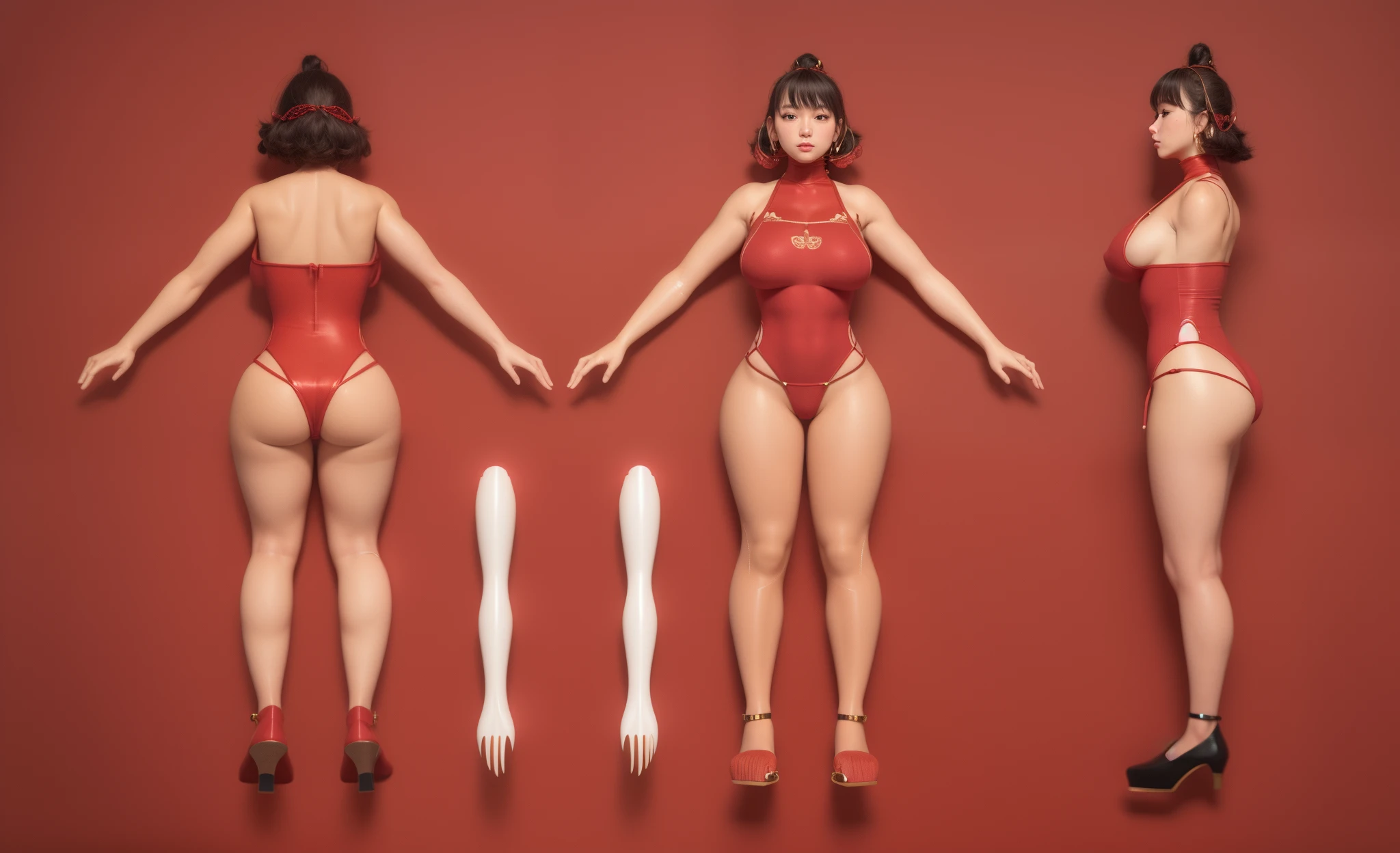 (Masterpiece, best quality: 1.2), (Super detailed), (Illustration), detailed face, a close up of a woman in an chinese fabric bodysuit, oppai proportions, butt proportions, whole body highly detailed, complete detailed body, realistically proportioned body, anime proportions, extra detailed body, realistic body proportions, realistic shaded perfect body, highly detailed body, detailed body, character sheet, character model sheet turnaround , fullbody shot turnaround, reference model sheet, full character body, 3 d character reference sheet, anime vtuber full body model, high quality model sheet, full body details, character design sheet, detailed full body concept, detail face, front and back, (( red fabric bodysuit bikini )), fabric tight bikini, G-string panties, red fabric bodysuit, red heel, red fabric heel, gimp on chest, grey background, detailed bodysuit